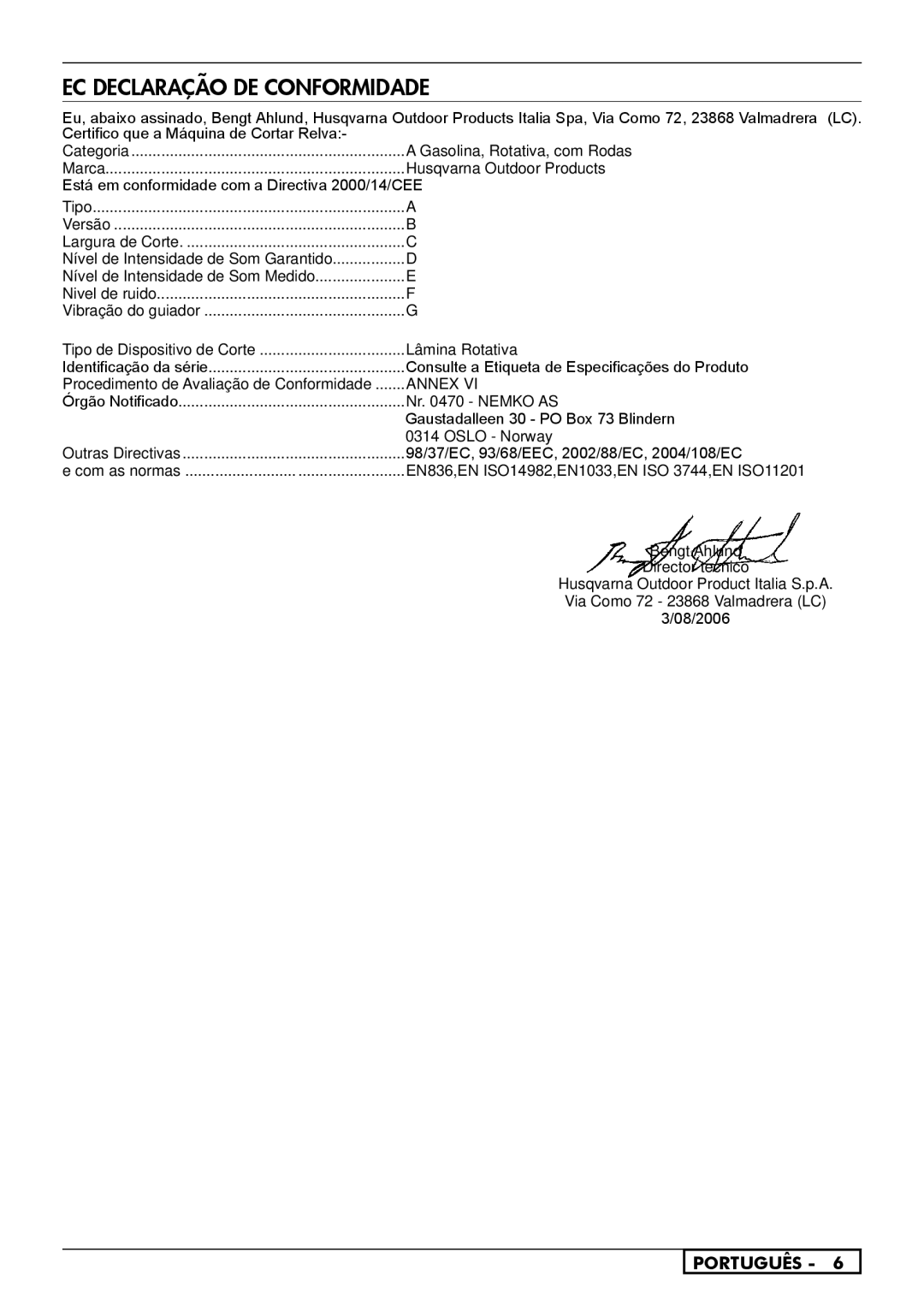 Husqvarna R153SV, R150SVH, R151SV, R151SH, R150SH, R147SE, R146S manual EC Declaração DE Conformidade 