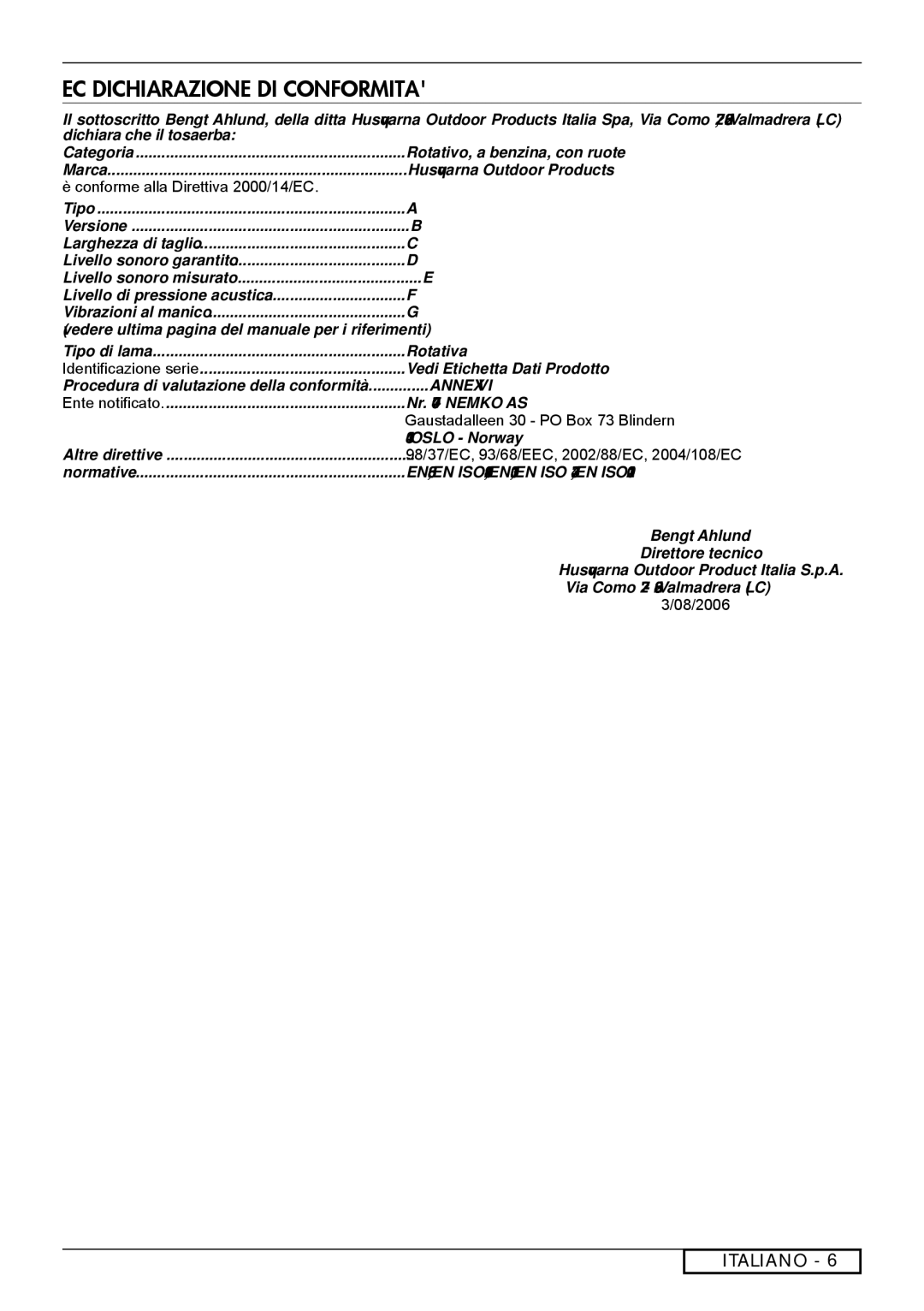 Husqvarna R153SV, R150SVH, R151SV, R151SH, R150SH, R147SE, R146S manual EC Dichiarazione DI Conformita 