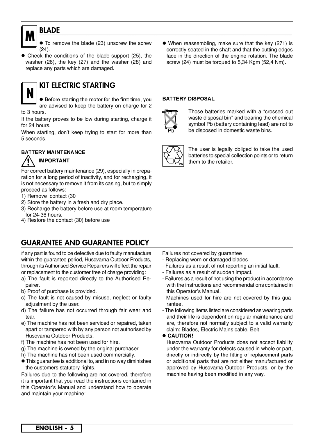 Husqvarna R150S, R153S Blade, KIT Electric Starting, Guarantee and Guarantee Policy, Battery Disposal, Battery Maintenance 