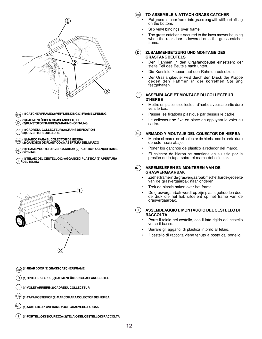 Husqvarna R52 instruction manual Eng to Assemble & Attach Grass Catcher, Esp Armado Y Montaje DEL Colector DE Hierba 