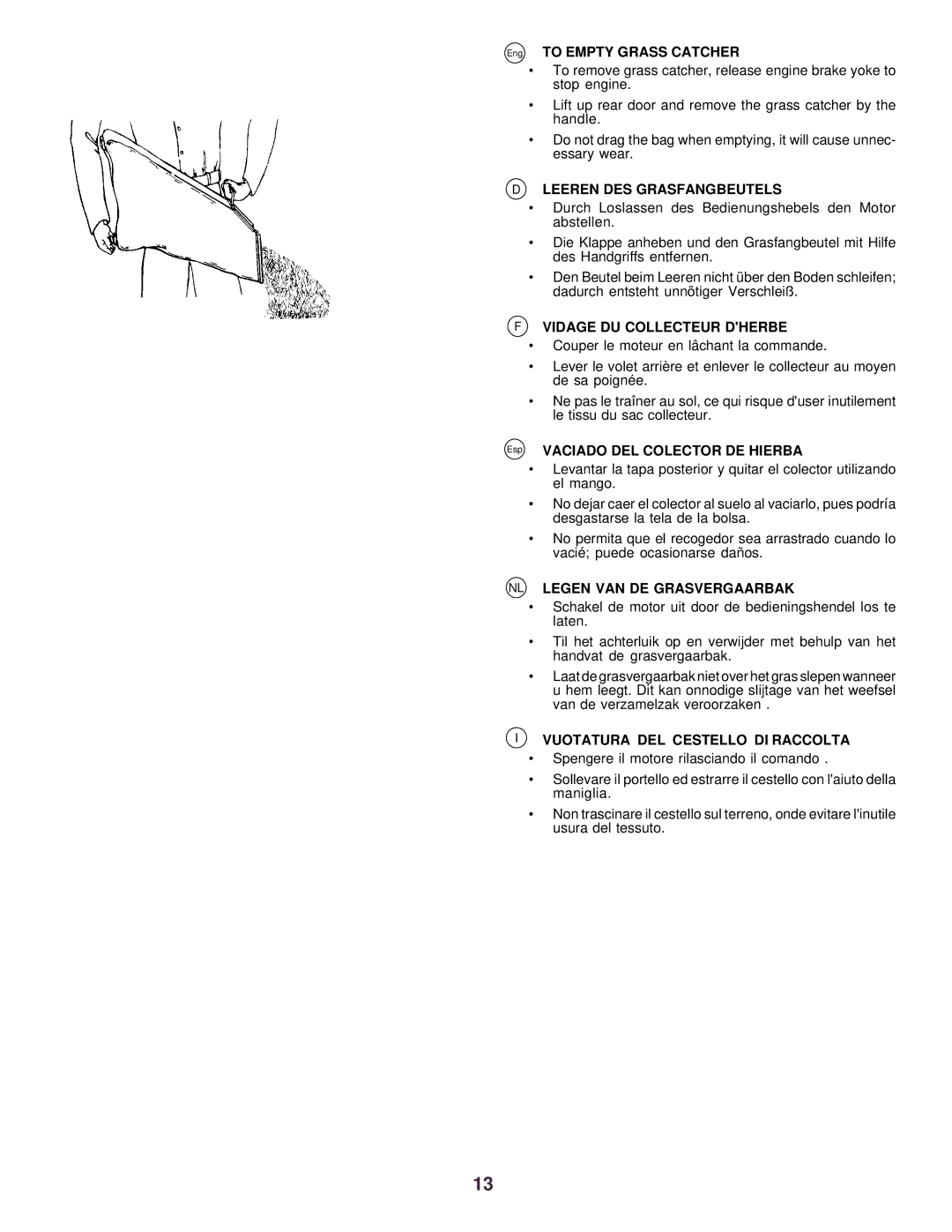 Husqvarna R52 instruction manual Eng to Empty Grass Catcher, Esp Vaciado DEL Colector DE Hierba 