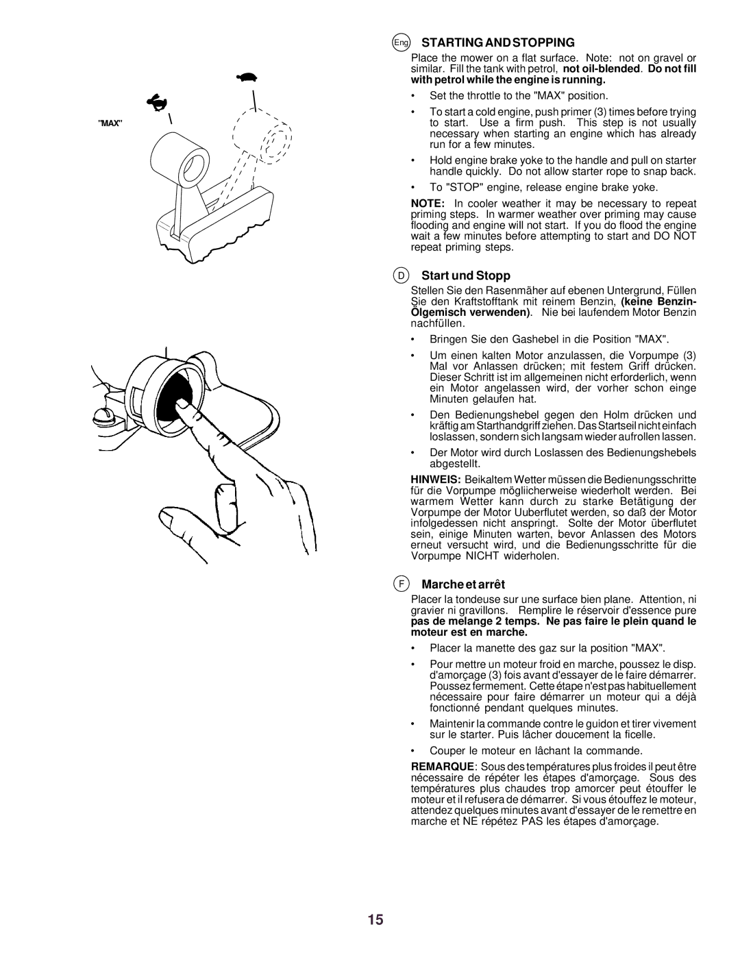 Husqvarna R52 instruction manual Eng Starting and Stopping, Start und Stopp, Marche et arrê t 