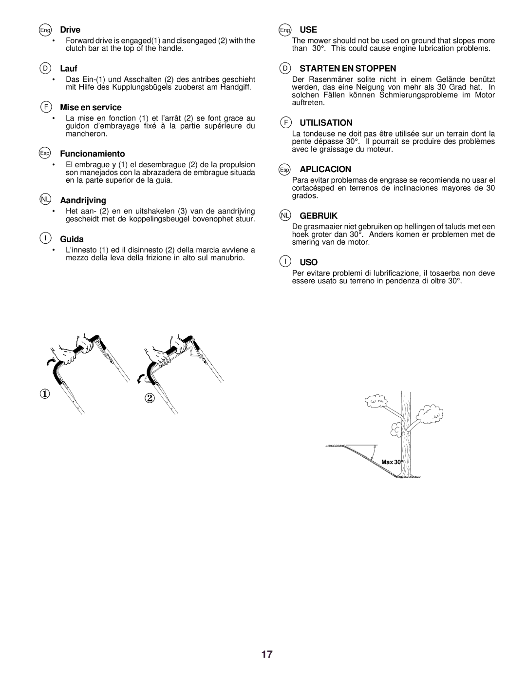 Husqvarna R52 instruction manual Starten EN Stoppen, Utilisation, NL Gebruik, Uso 