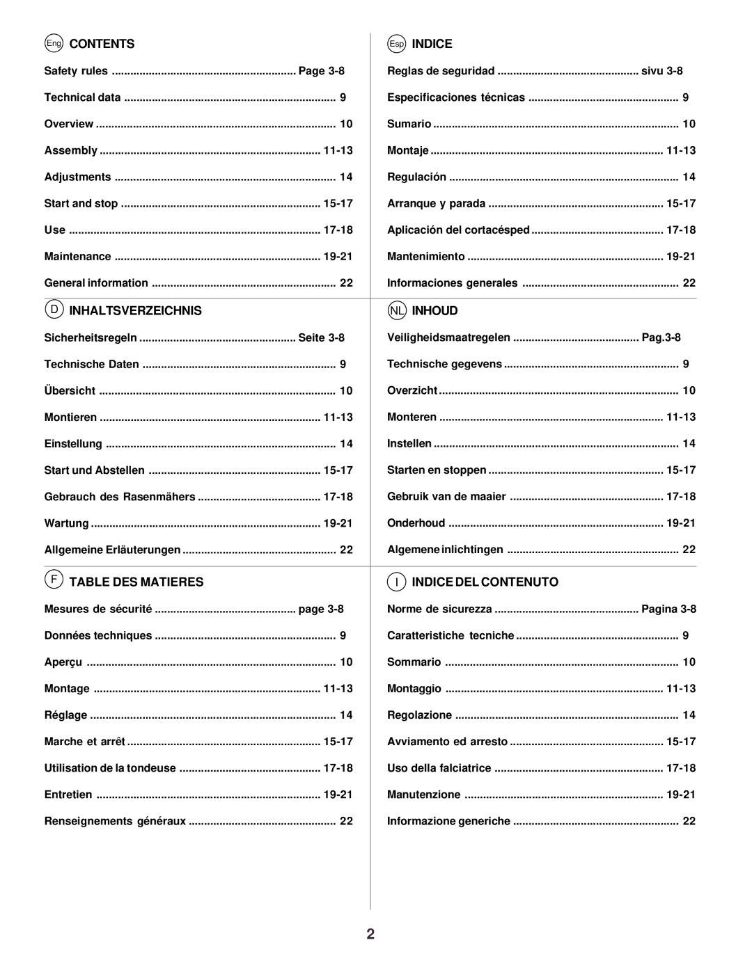 Husqvarna R52 instruction manual Contents, Inhaltsverzeichnis NL Inhoud, Table DES Matieres Indice DEL Contenuto 