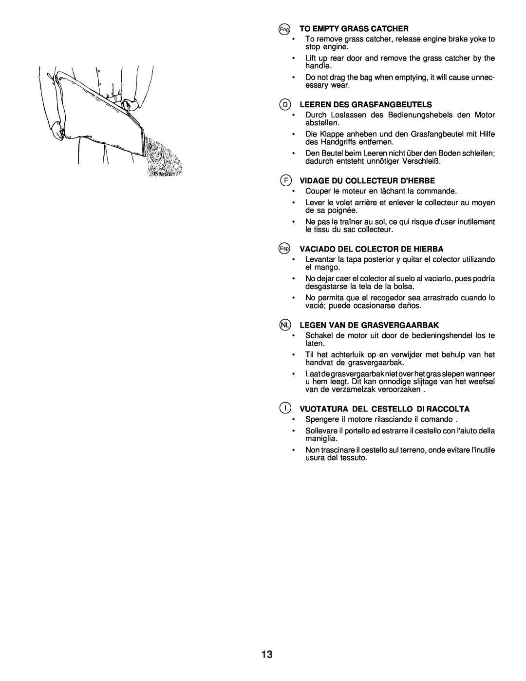 Husqvarna R52 instruction manual Eng TO EMPTY GRASS CATCHER, Dleeren Des Grasfangbeutels, Fvidage Du Collecteur Dherbe 
