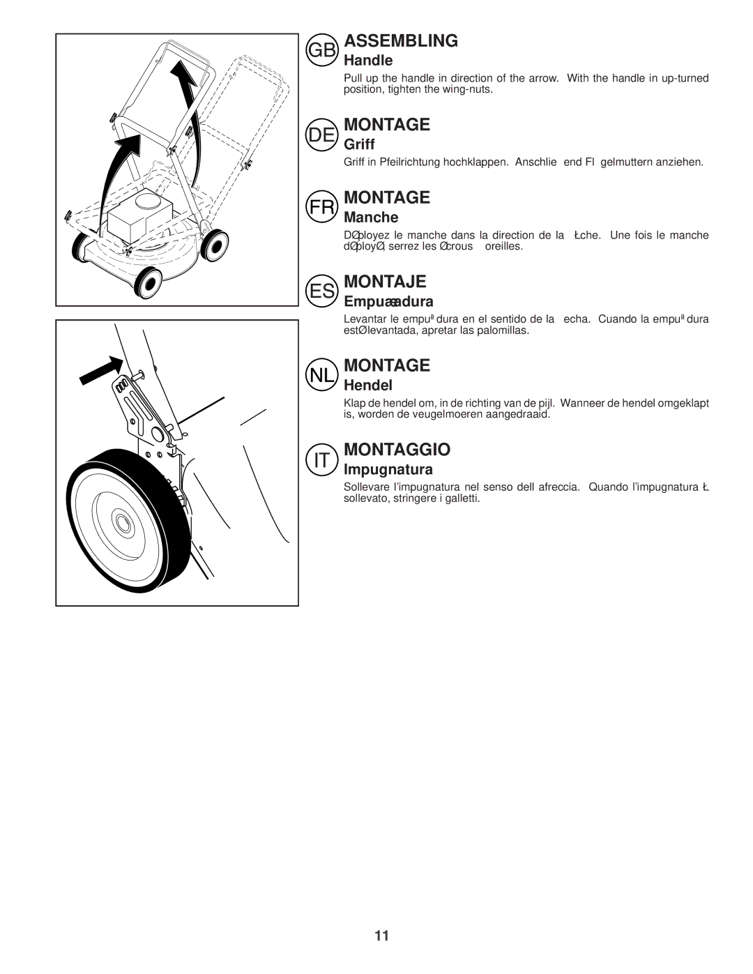 Husqvarna R52S instruction manual Handle, Griff, Manche, Empuñadura, Hendel, Impugnatura 