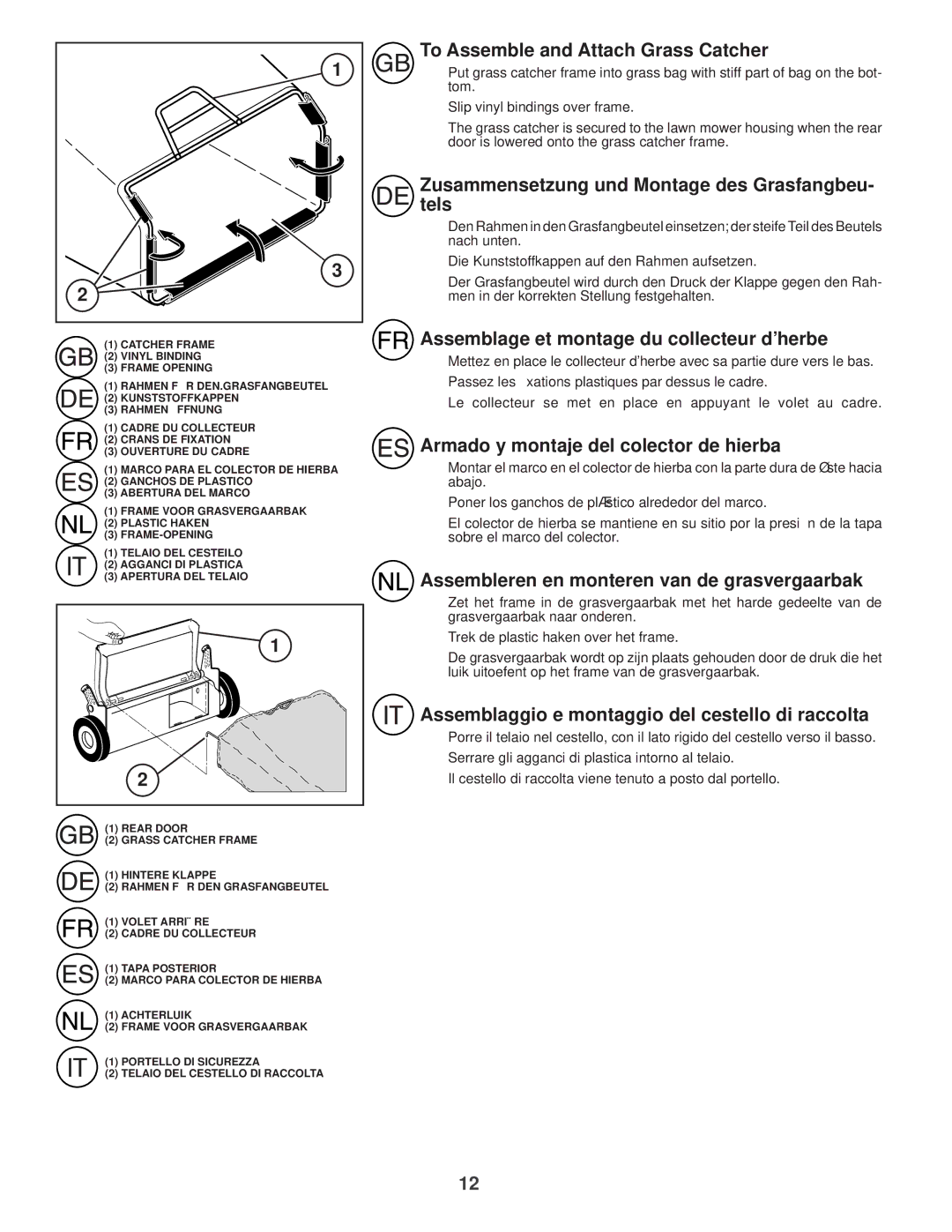 Husqvarna R52S instruction manual To Assemble and Attach Grass Catcher, Zusammensetzung und Montage des Grasfangbeu- tels 