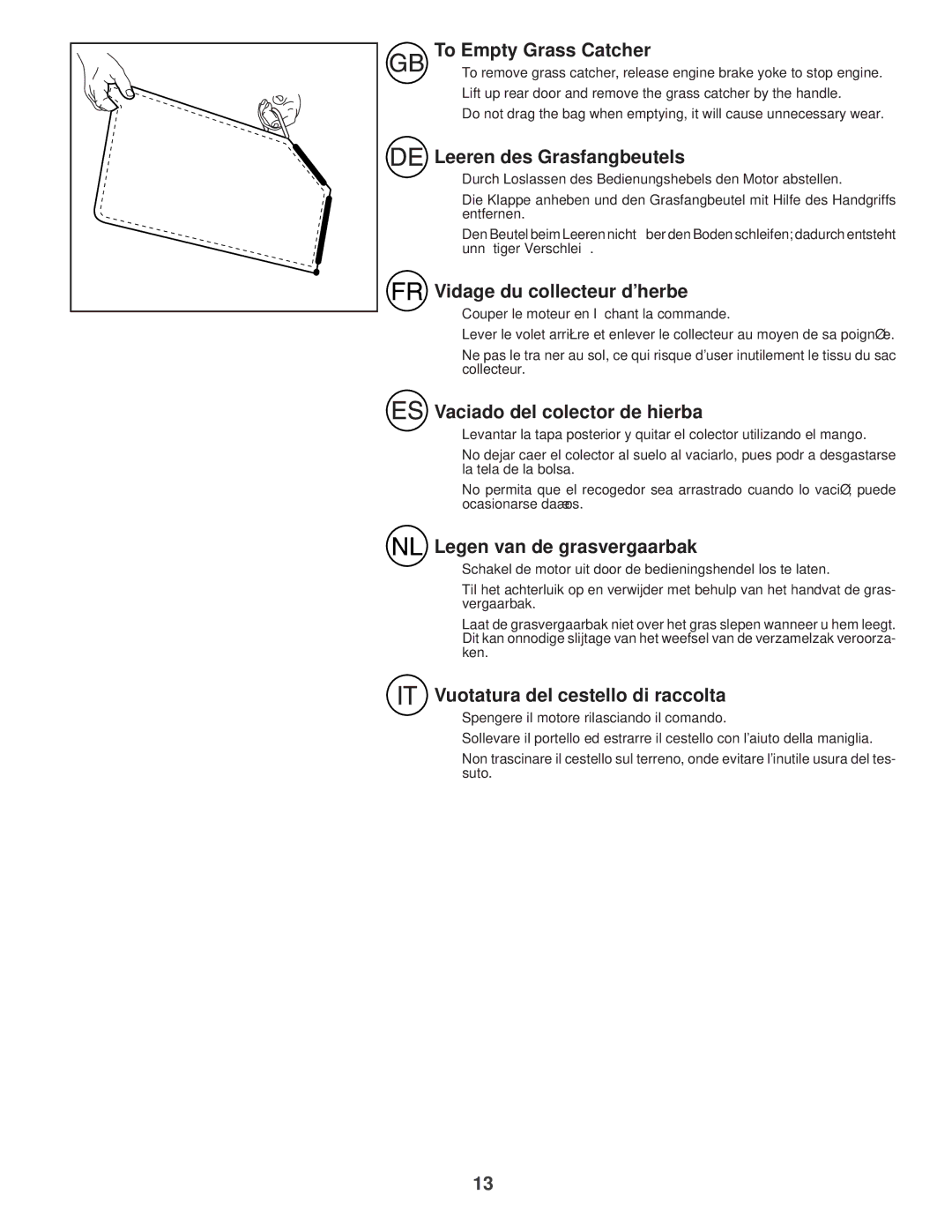 Husqvarna R52S instruction manual To Empty Grass Catcher, Leeren des Grasfangbeutels, Vidage du collecteur dherbe 