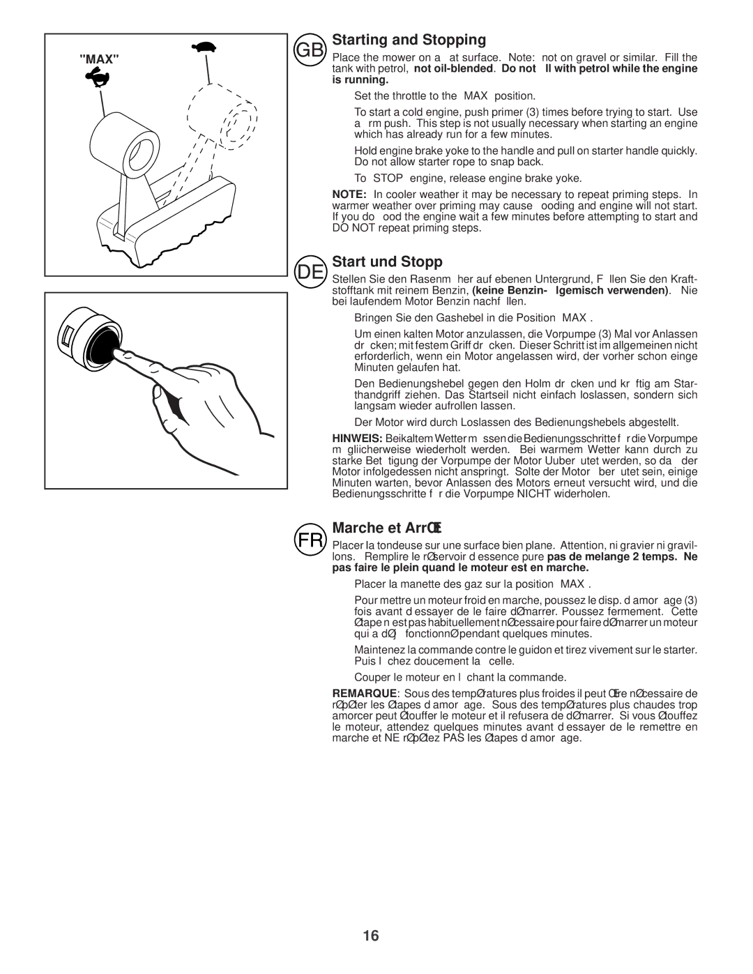 Husqvarna R52S instruction manual Starting and Stopping, Start und Stopp, Marche et Arrêt 