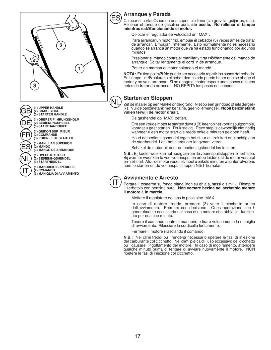 Husqvarna R52S instruction manual Arranque y Parada, Starten en Stoppen, Avviamento e Arresto 