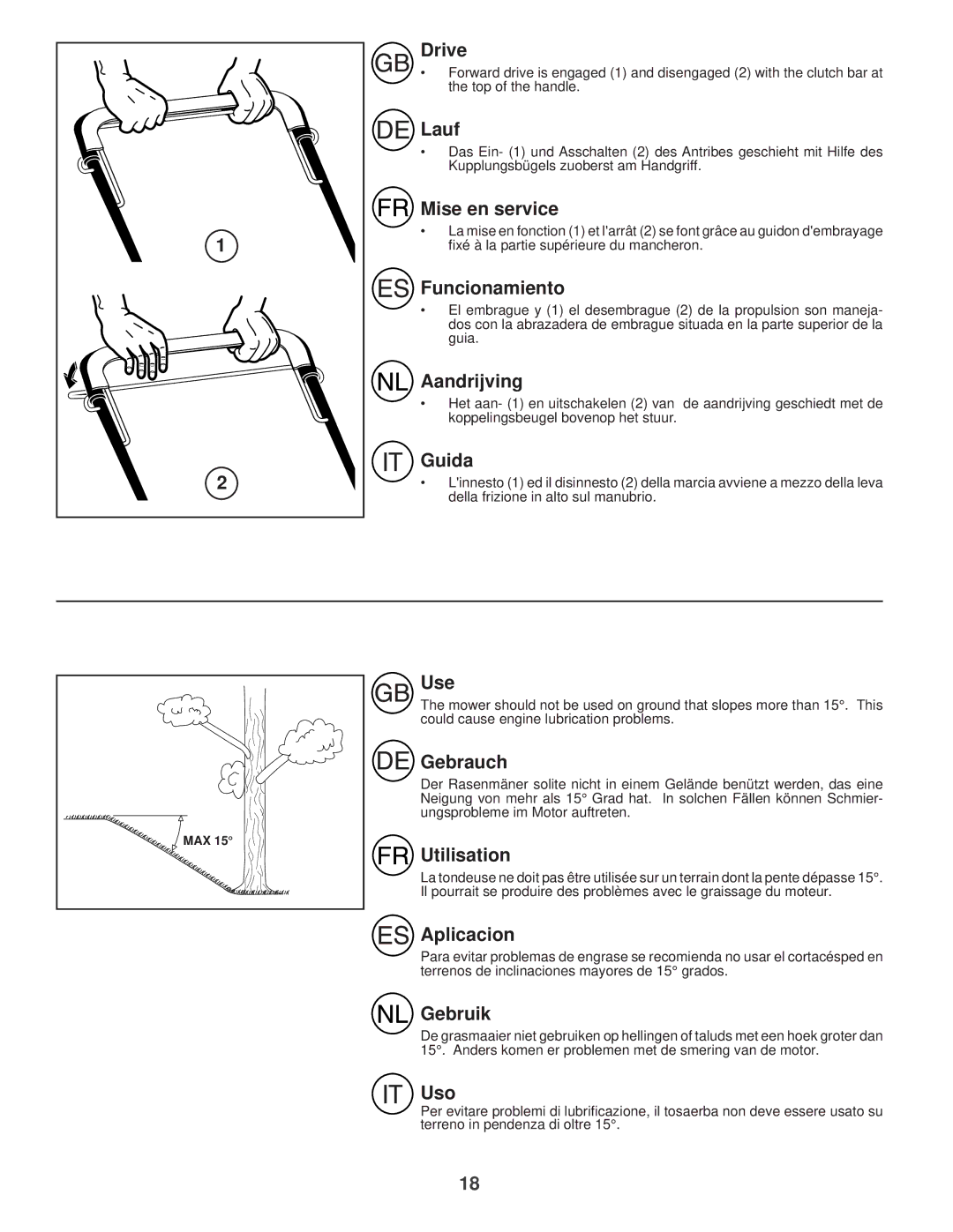 Husqvarna R52S Drive, Lauf, Mise en service, Funcionamiento, Aandrijving, Guida, Use, Gebrauch, Utilisation, Aplicacion 