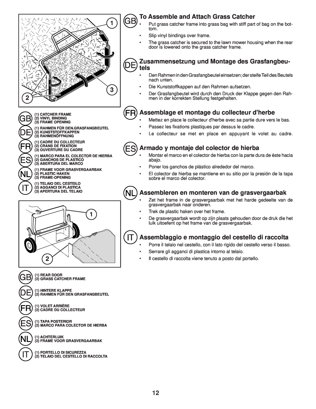 Husqvarna R52S instruction manual To Assemble and Attach Grass Catcher, Zusammensetzung und Montage des Grasfangbeu- tels 
