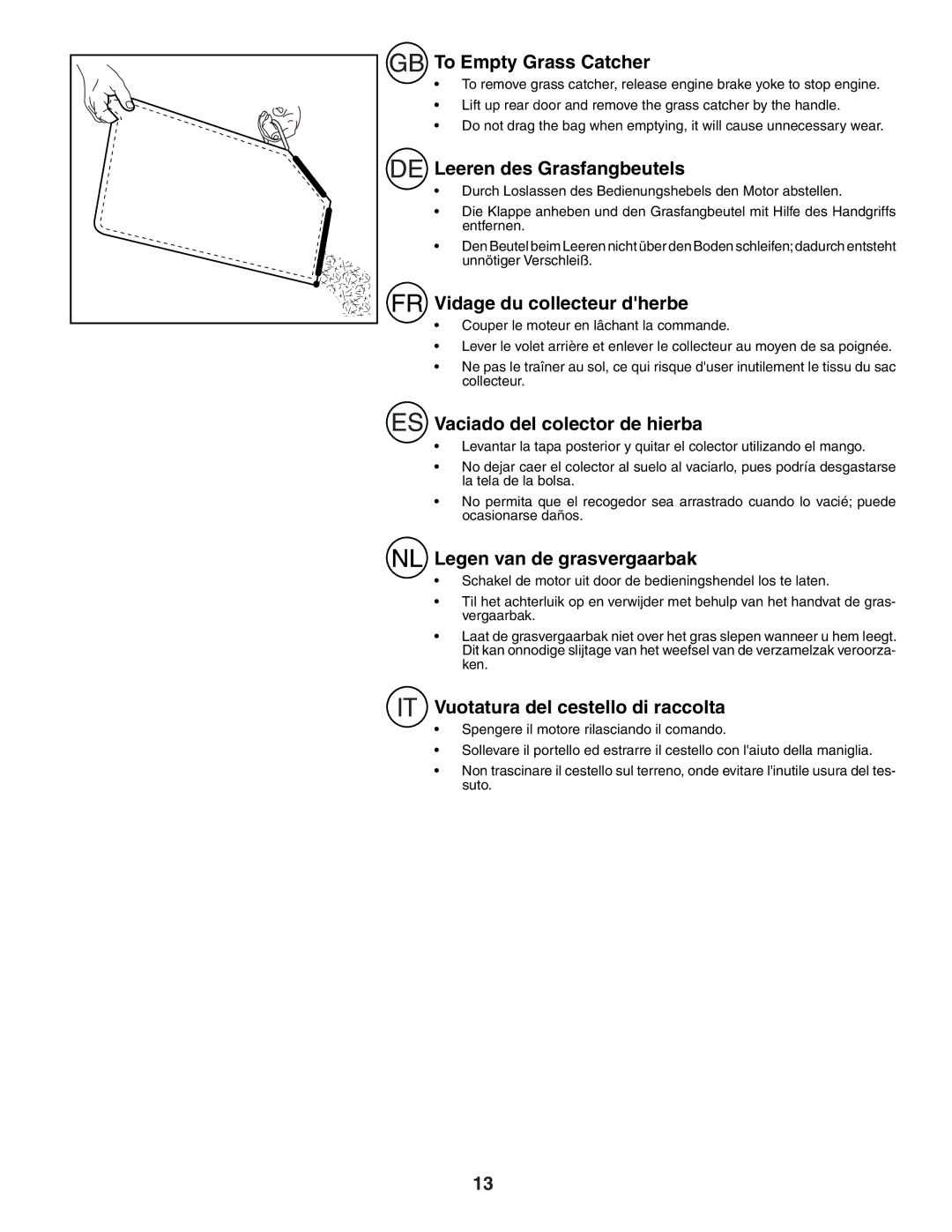 Husqvarna R52SE instruction manual To Empty Grass Catcher, Leeren des Grasfangbeutels, Vidage du collecteur dherbe 