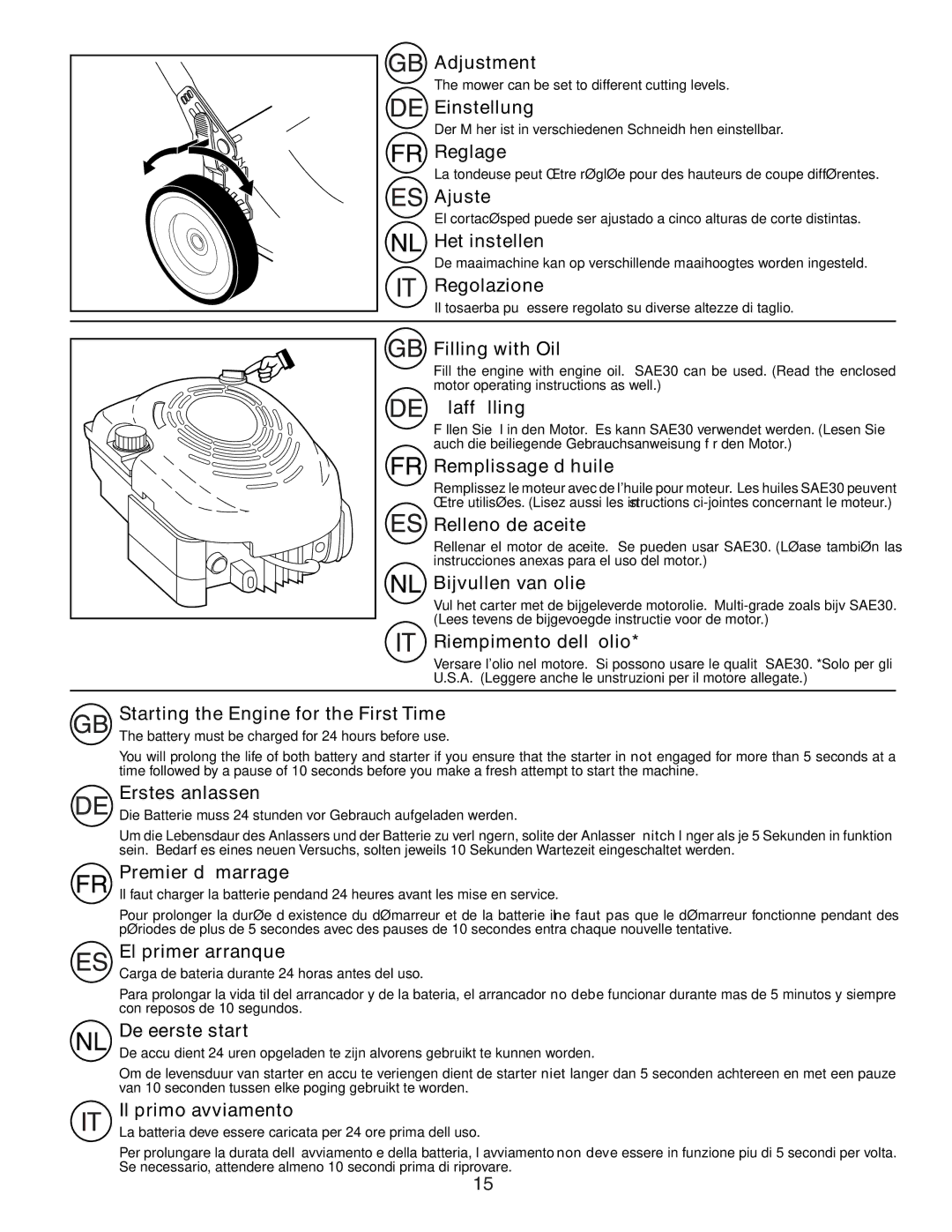 Husqvarna R52SE Adjustment, Einstellung, Reglage, Ajuste, Het instellen, Regolazione, Filling with Oil, Ölaffülling 