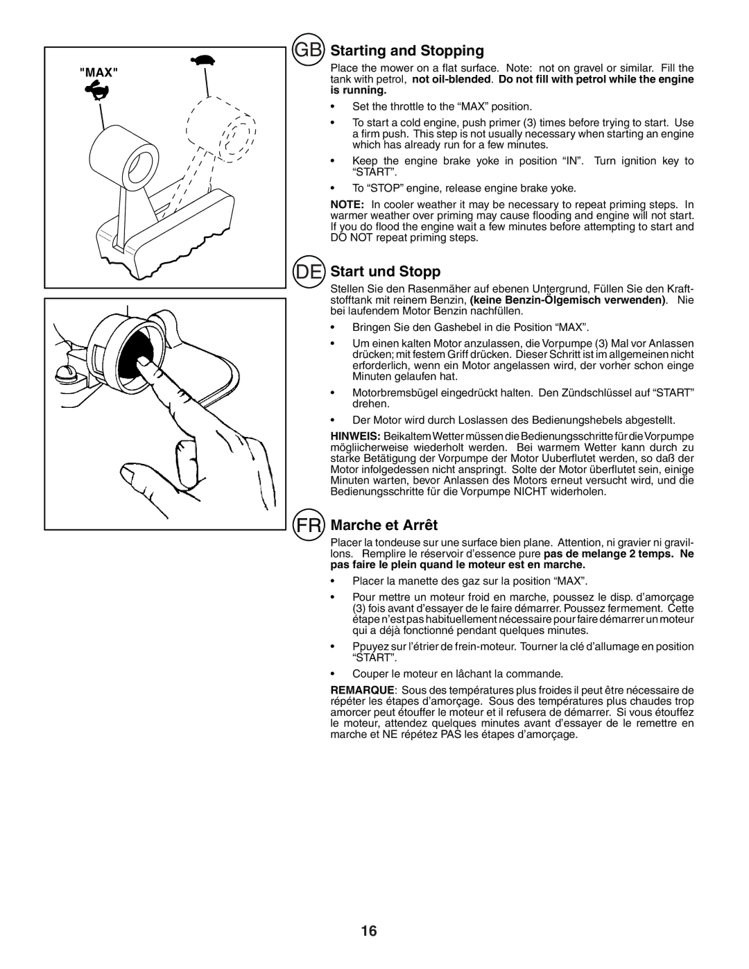 Husqvarna R52SE instruction manual Starting and Stopping, Start und Stopp, Marche et Arrêt 