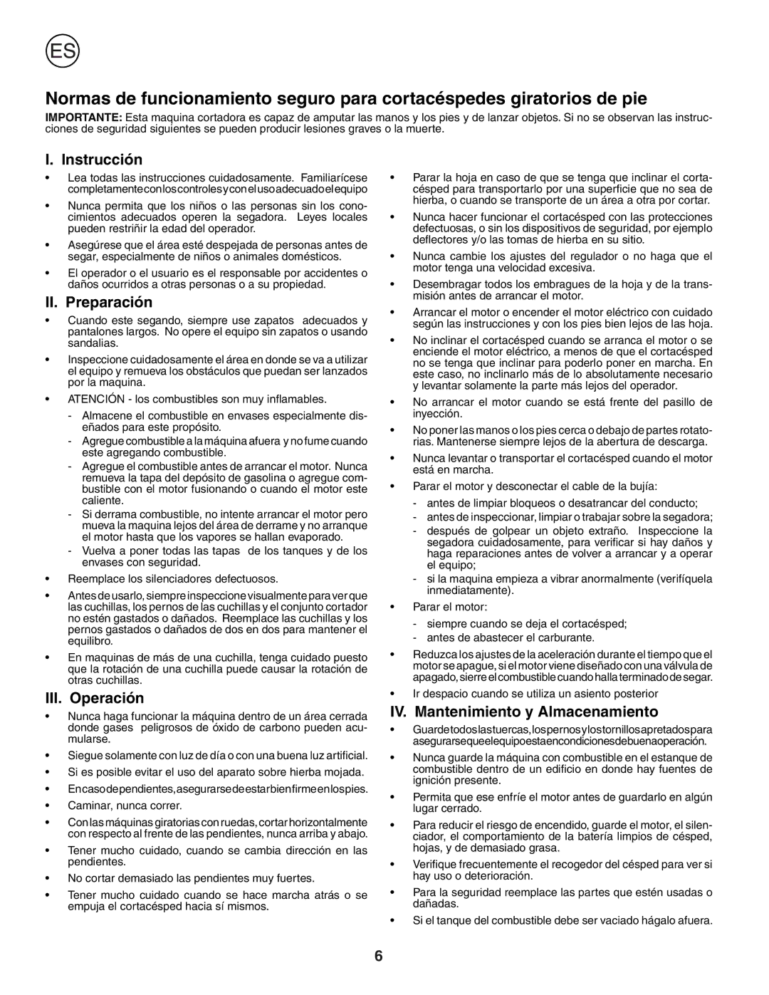 Husqvarna R52SE instruction manual Instrucción, II. Preparación, III. Operación, IV. Mantenimiento y Almacenamiento 