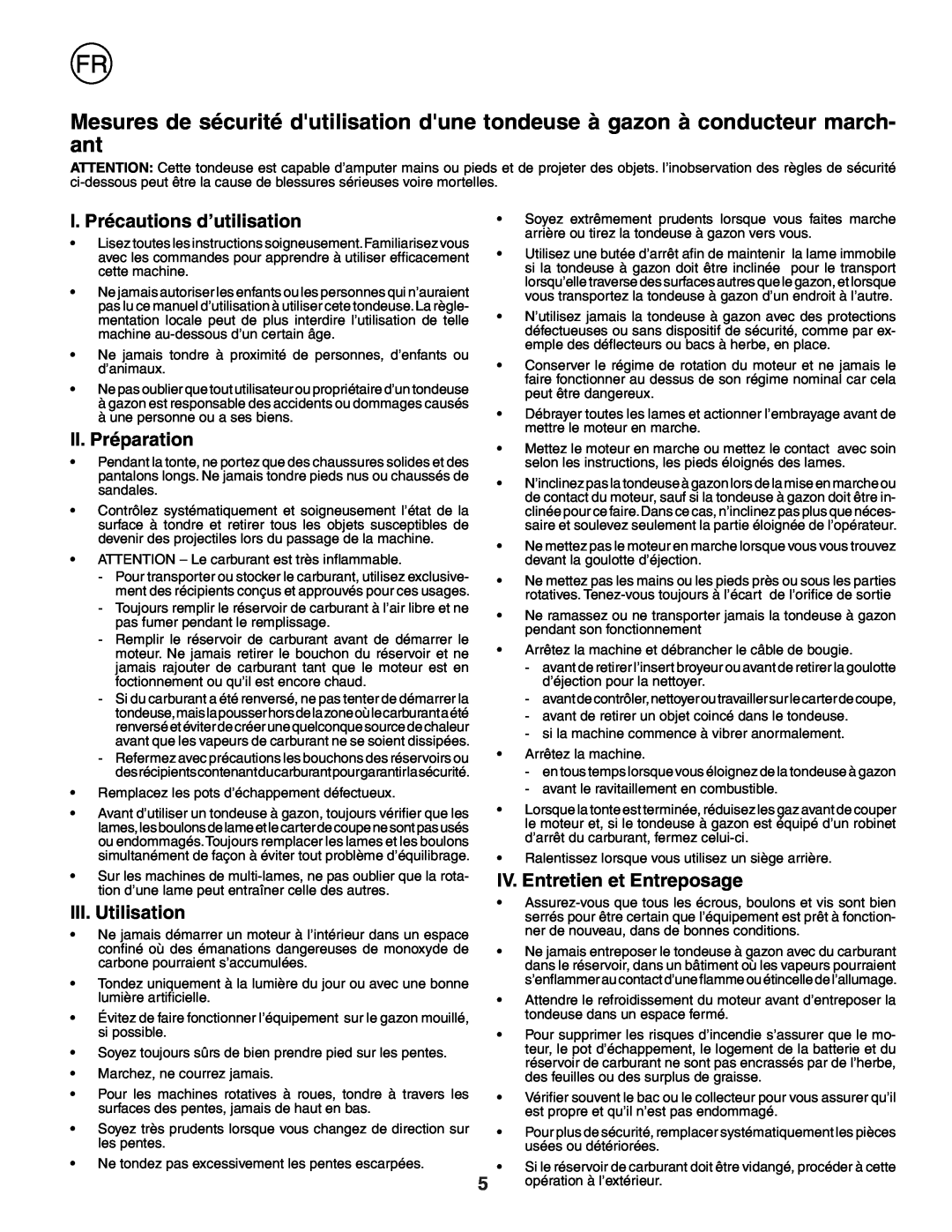 Husqvarna R52SE I. Précautions d’utilisation, II. Préparation, III. Utilisation, IV. Entretien et Entreposage 