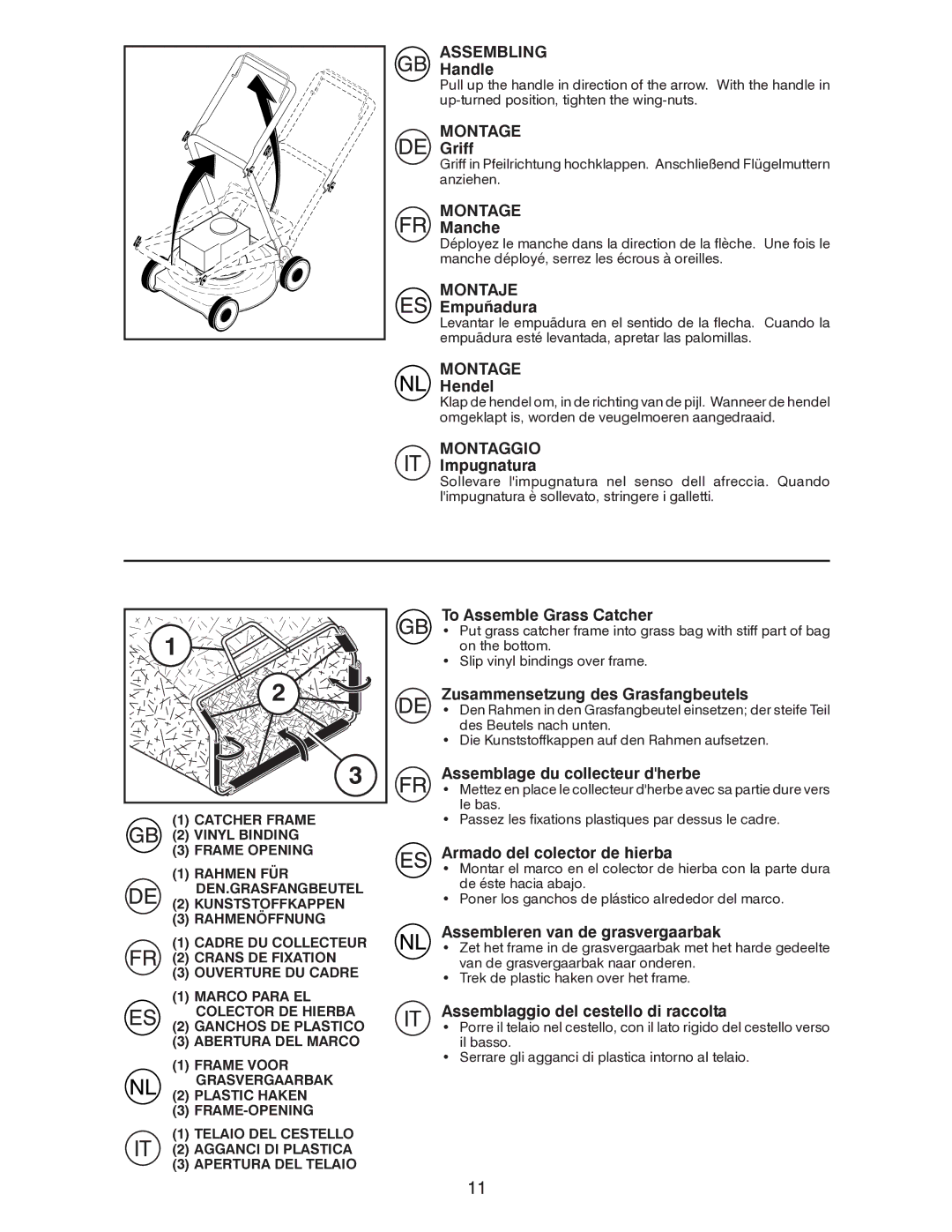 Husqvarna R52SVL instruction manual Handle, Griff, Manche, Empuñadura, Hendel, Impugnatura, To Assemble Grass Catcher 