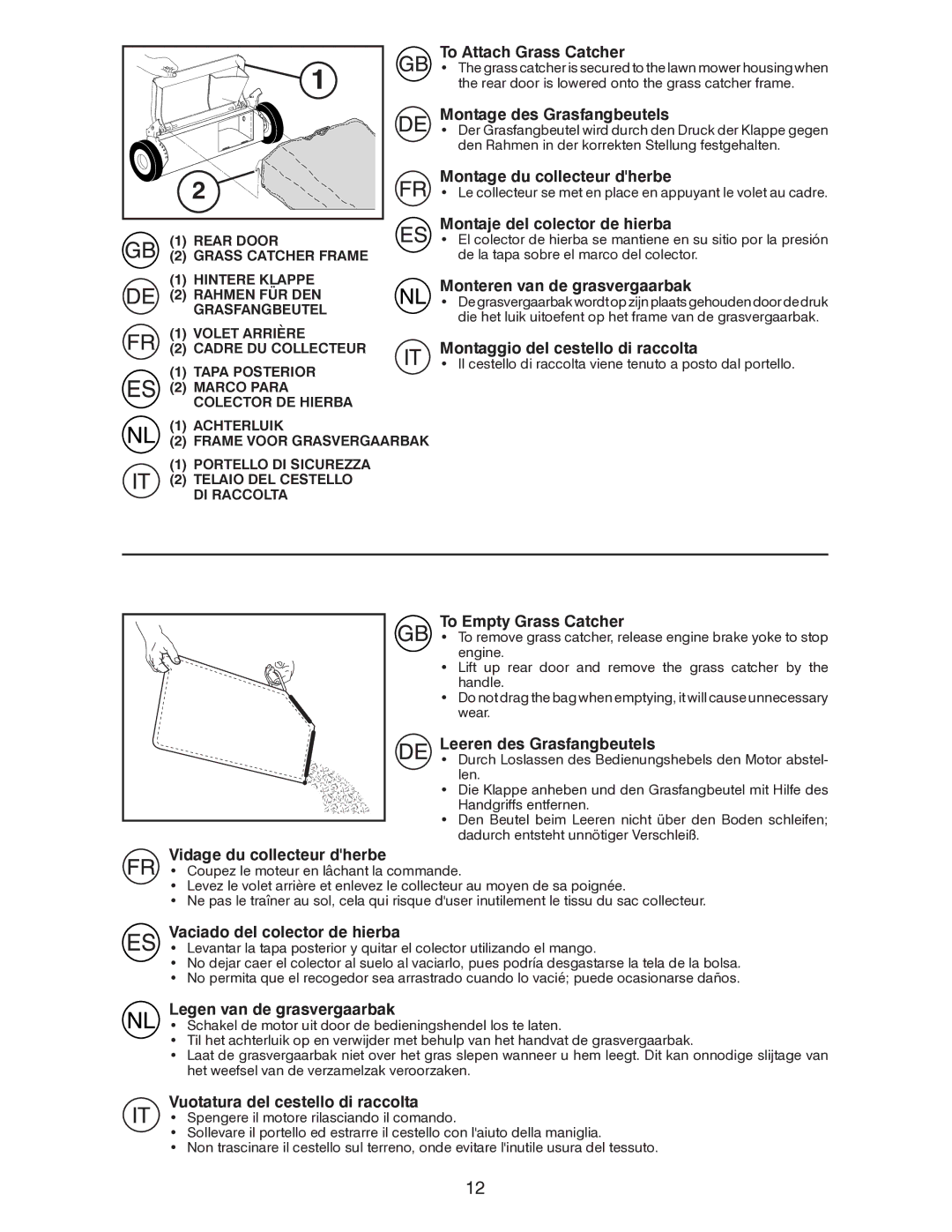 Husqvarna R52SVL instruction manual To Attach Grass Catcher, Montage des Grasfangbeutels, Montage du collecteur dherbe 