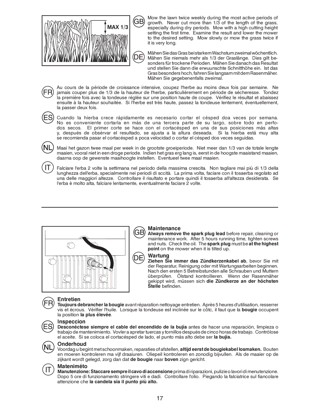 Husqvarna R52SVL instruction manual MAX 1/3, Maintenance, Wartung, Inspeccion, Onderhoud, Mateniméto 