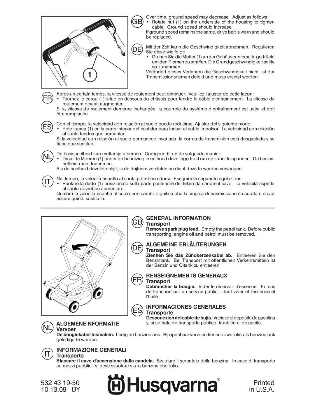 Husqvarna R52SVL instruction manual Transporte, Vervoer, Transporto 