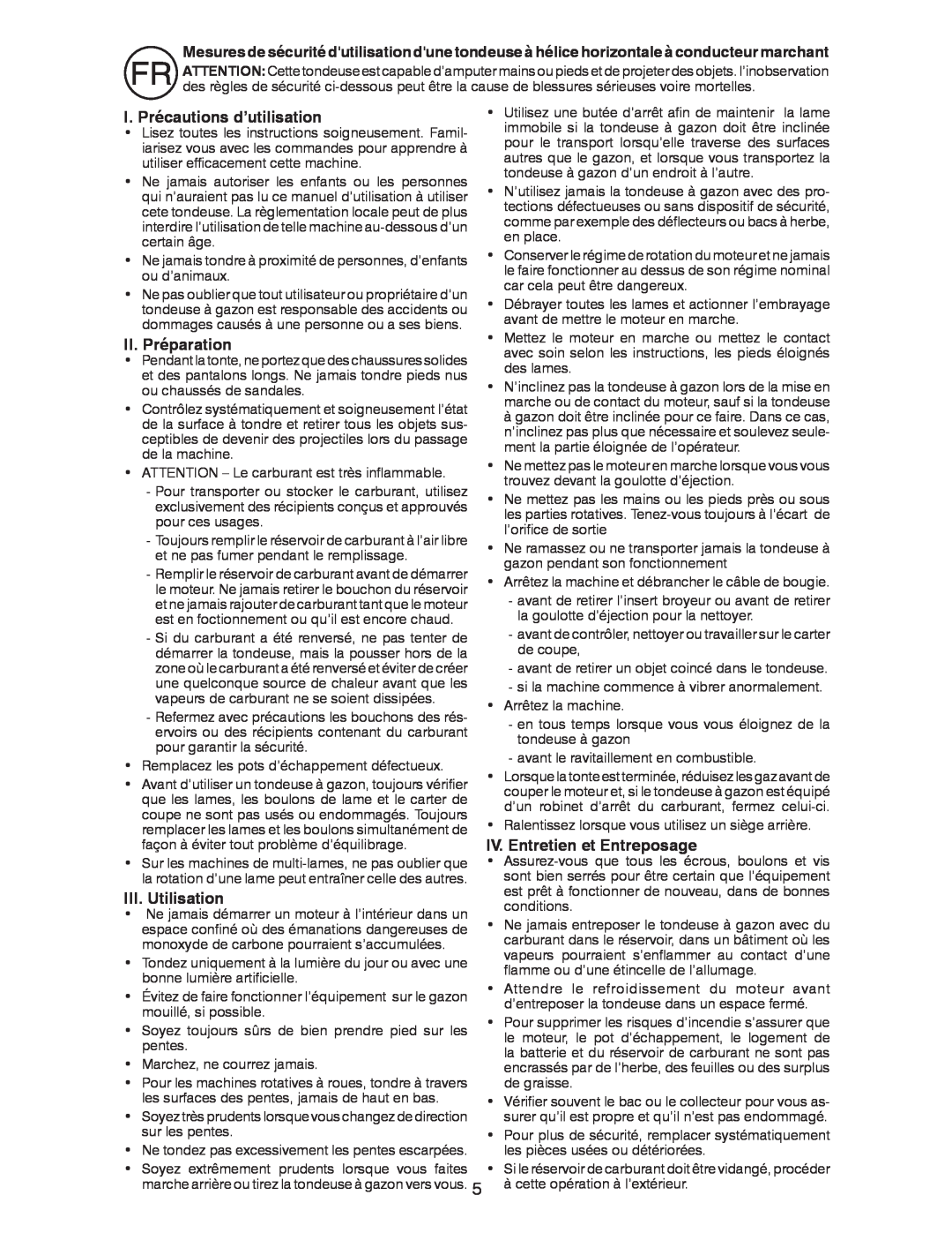Husqvarna R52SVL I. Précautions d’utilisation, II. Préparation, III. Utilisation, IV. Entretien et Entreposage 