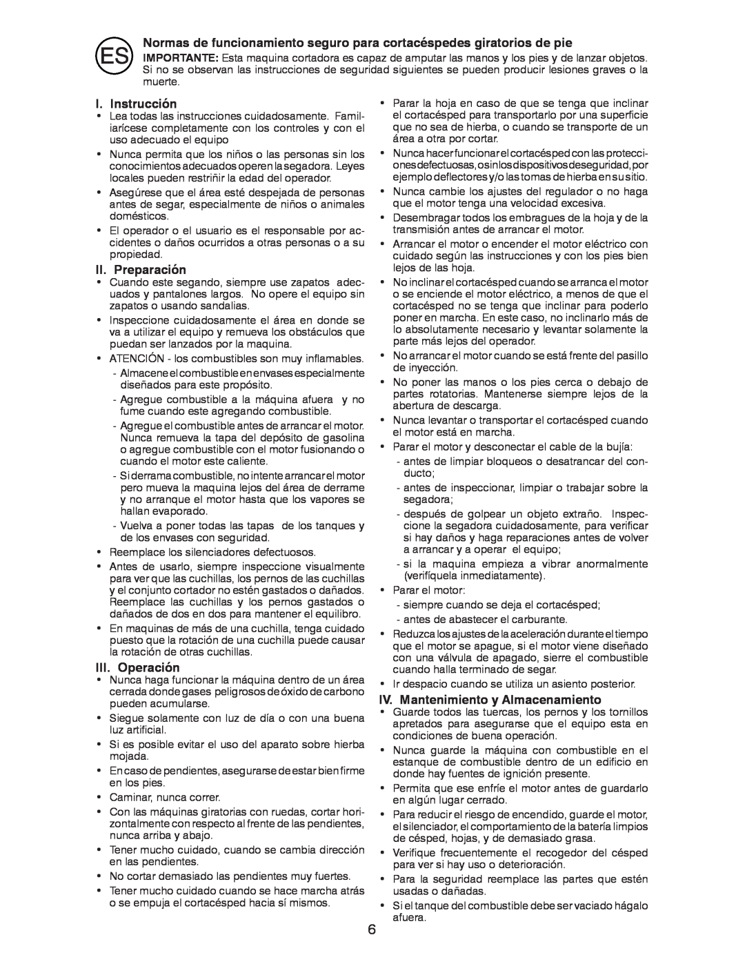 Husqvarna R52SVL instruction manual I. Instrucción, II. Preparación, III. Operación, IV. Mantenimiento y Almacenamiento 