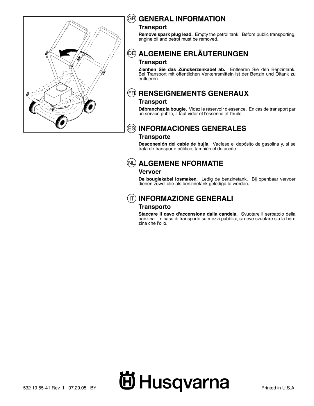 Husqvarna R53SVW instruction manual Transporte, Vervoer, Transporto 