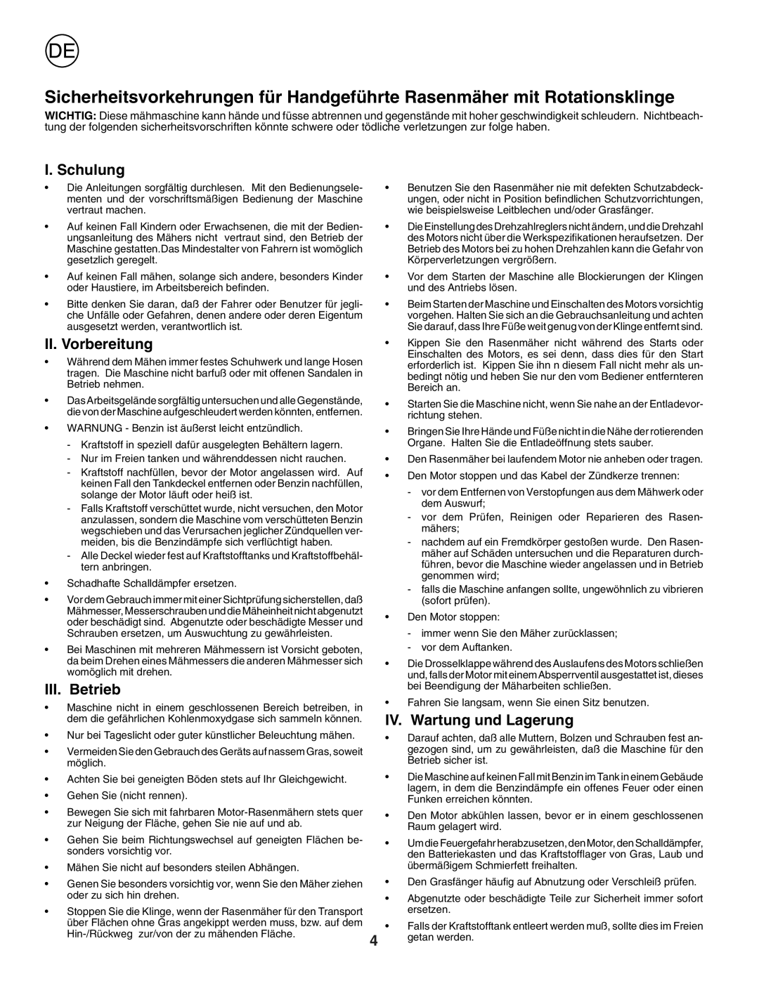 Husqvarna R53SVW instruction manual Schulung, II. Vorbereitung, III. Betrieb, IV. Wartung und Lagerung 