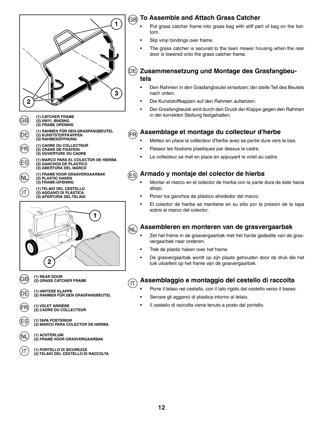 Husqvarna R53W instruction manual To Assemble and Attach Grass Catcher, Zusammensetzung und Montage des Grasfangbeu- tels 