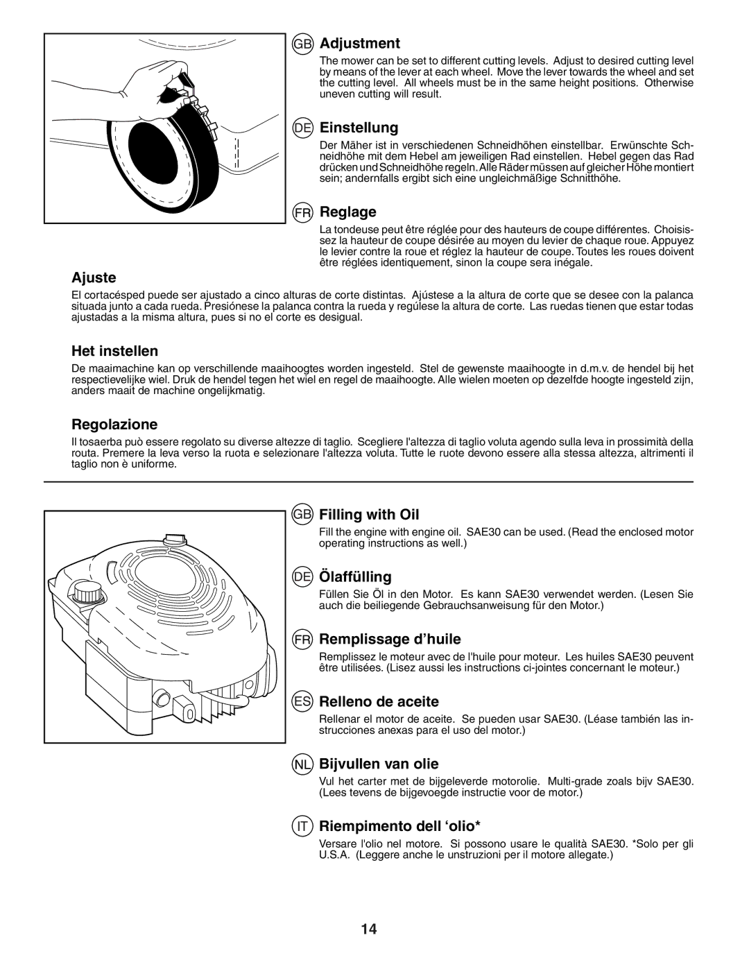 Husqvarna R53W Ajuste, Adjustment, Einstellung, Reglage, Het instellen, Regolazione, Filling with Oil, Ölaffülling 