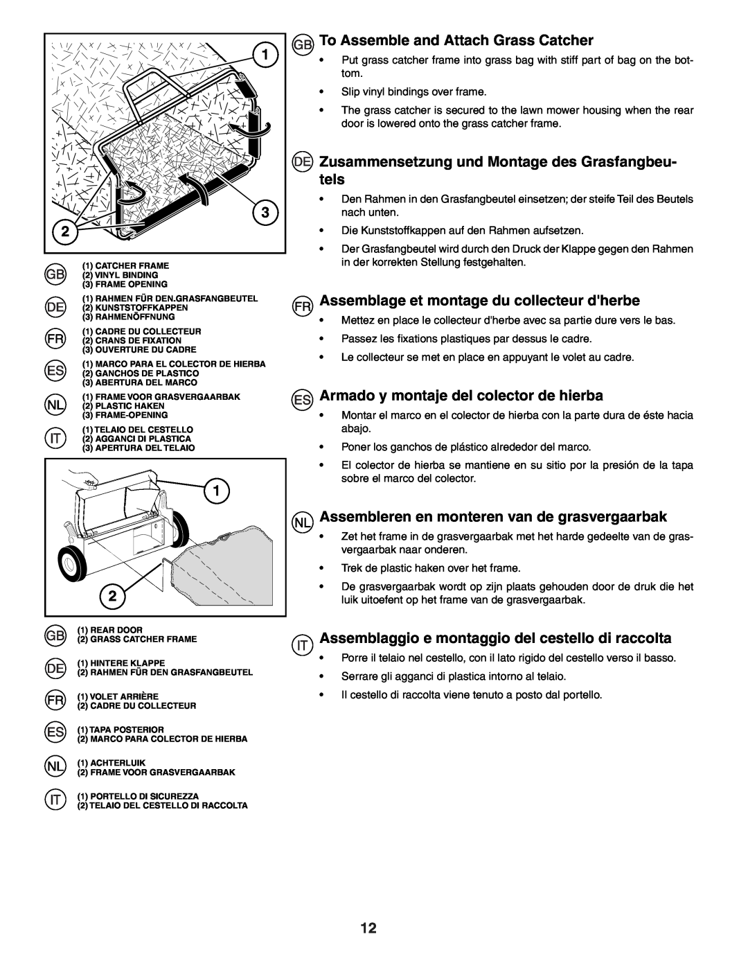 Husqvarna R53W instruction manual To Assemble and Attach Grass Catcher, Zusammensetzung und Montage des Grasfangbeu- tels 