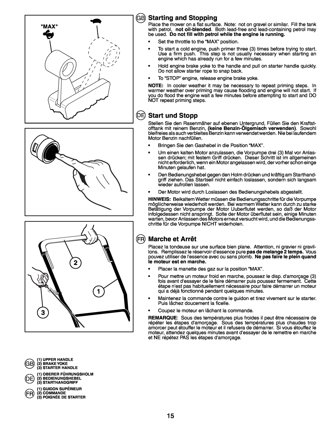 Husqvarna R53W instruction manual Starting and Stopping, Start und Stopp, Marche et Arrêt 