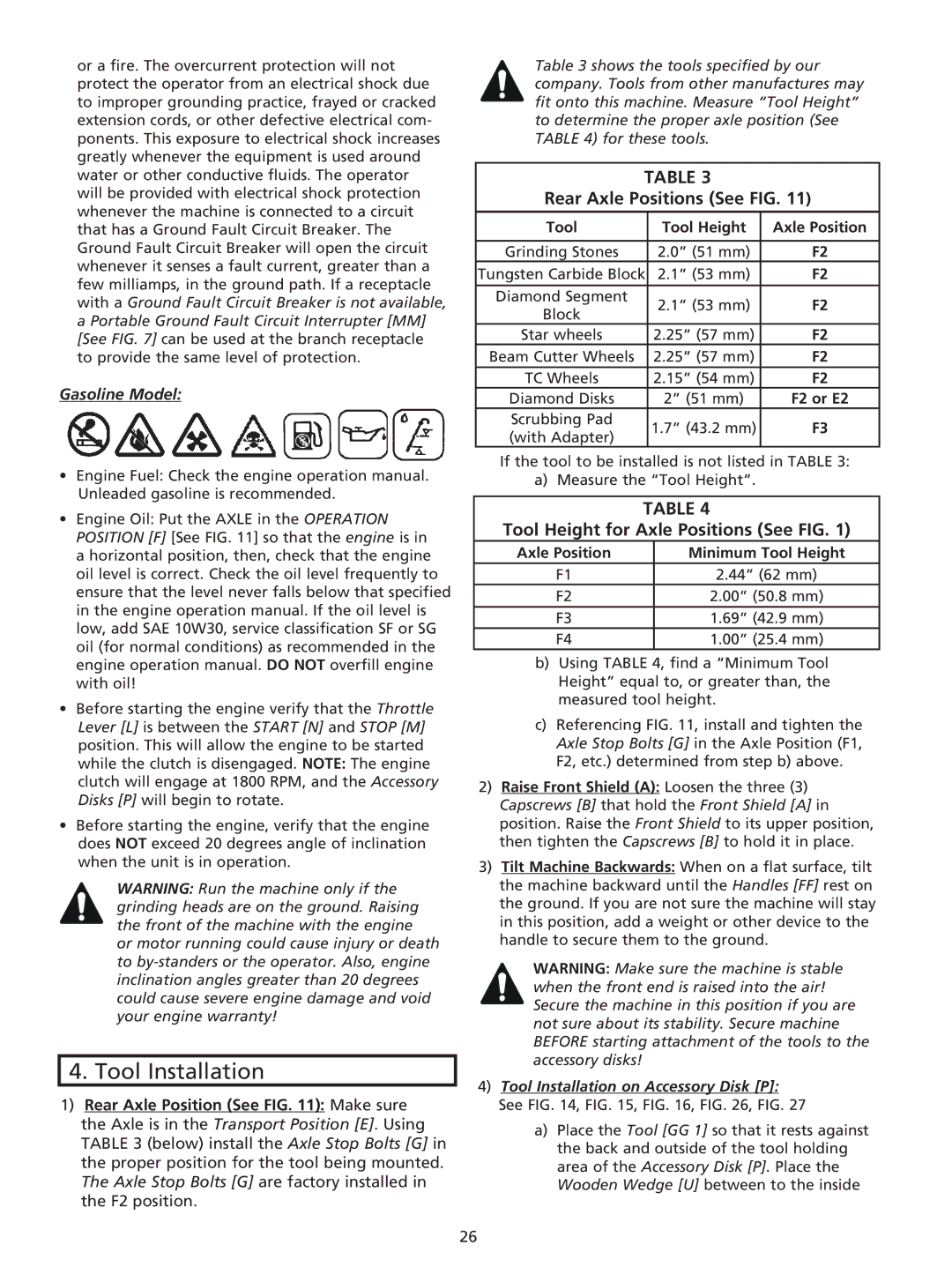 Husqvarna RG 2112 E Tool Installation, Rear Axle Positions See FIG, Tool Height for Axle Positions See FIG, Gasoline Model 