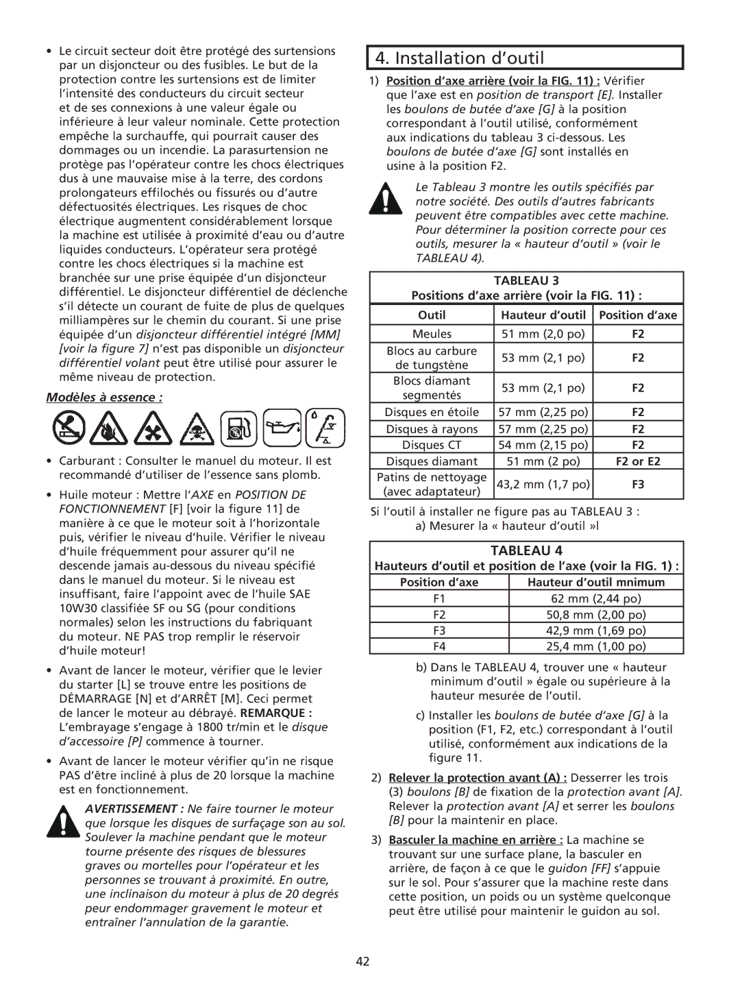 Husqvarna RG 2112 E Installation d’outil, Modèles à essence, Tableau, Relever la protection avant a Desserrer les trois 