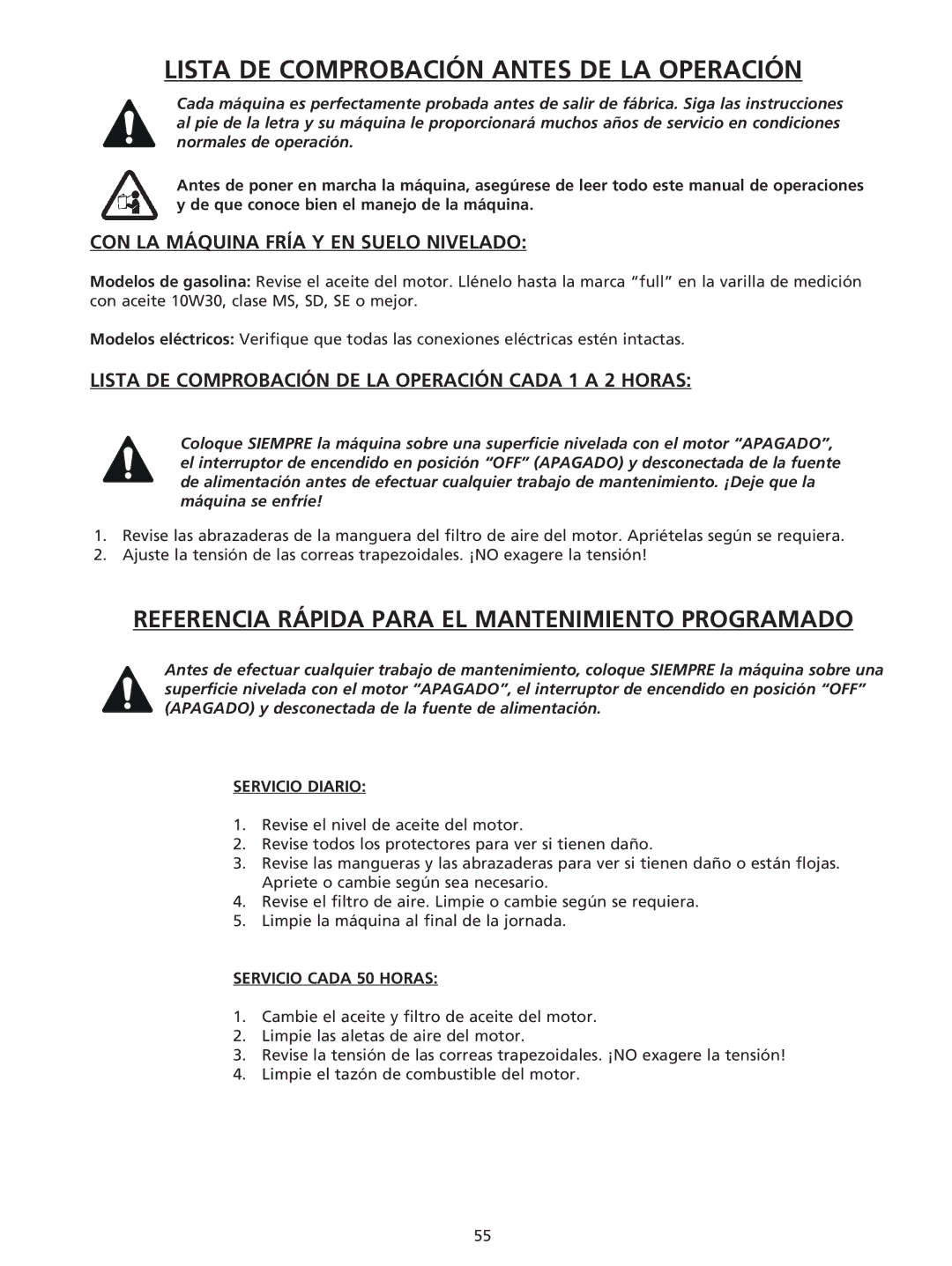 Husqvarna RG 2112 E manuel dutilisation Servicio Diario, Servicio Cada 50 Horas 