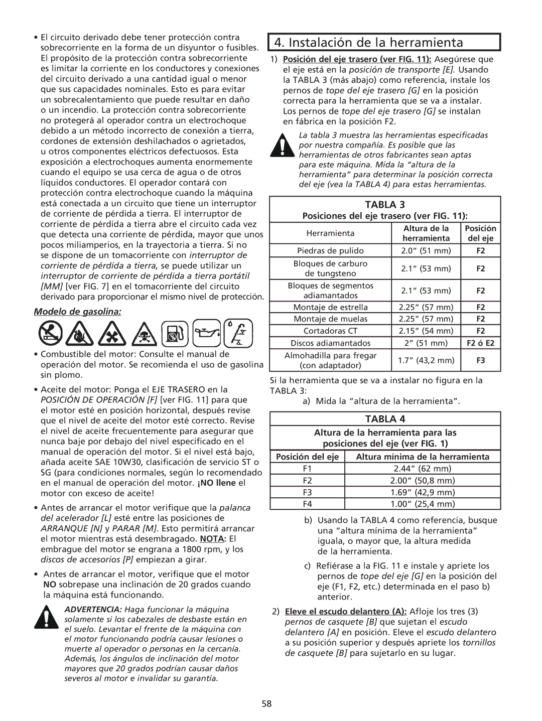 Husqvarna RG 2112 E Instalación de la herramienta, Modelo de gasolina, Posiciones del eje trasero ver FIG 