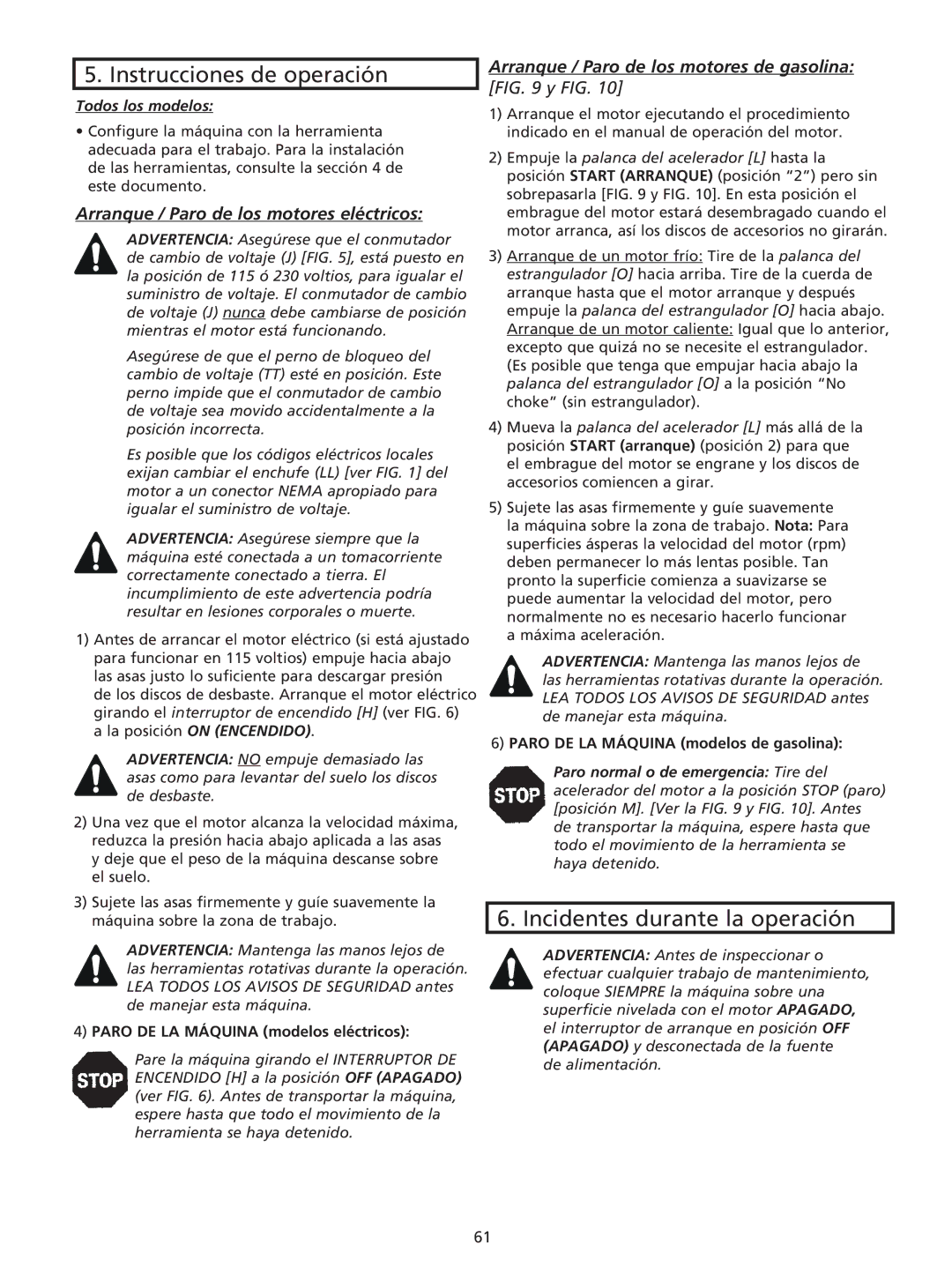 Husqvarna RG 2112 Instrucciones de operación, Incidentes durante la operación, Paro DE LA Máquina modelos eléctricos 