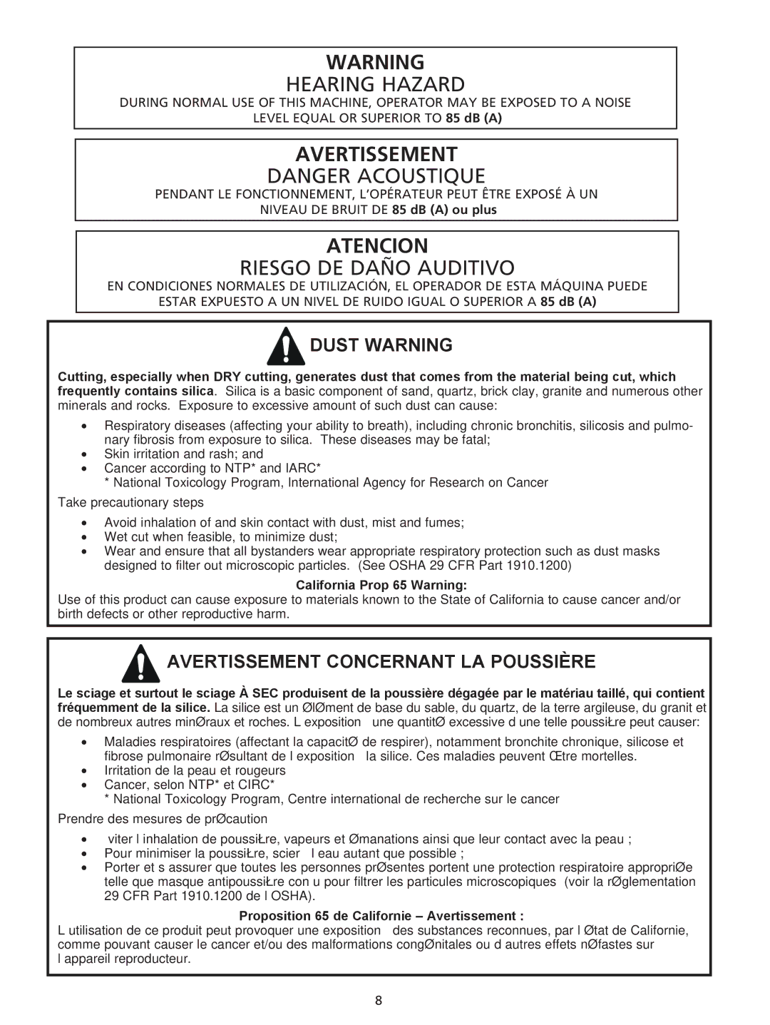 Husqvarna RG 2112 E manuel dutilisation California Prop 65 Warning, Proposition 65 de Californie Avertissement 