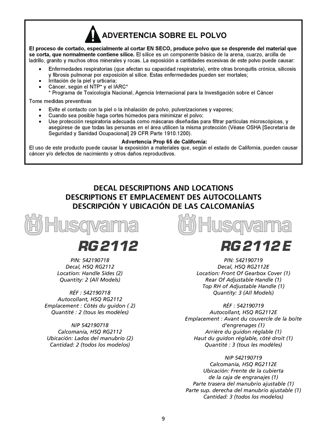 Husqvarna RG 2112 E manuel dutilisation Advertencia Sobre EL Polvo, Advertencia Prop 65 de California 