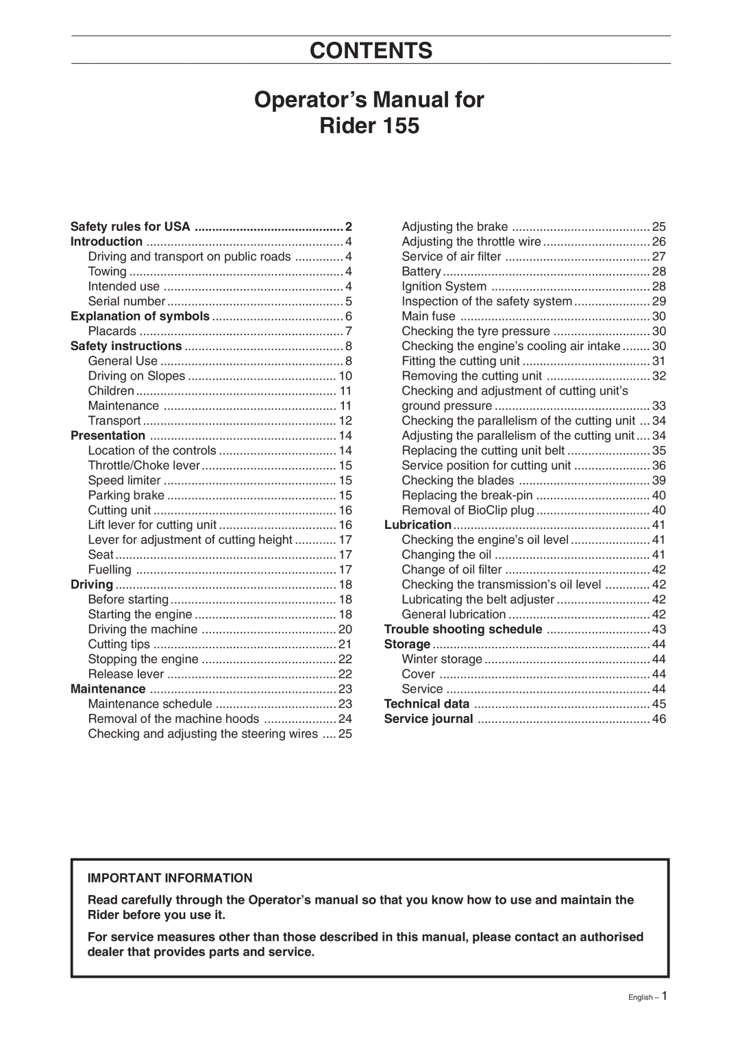 Husqvarna Rider 155 manual Contents 