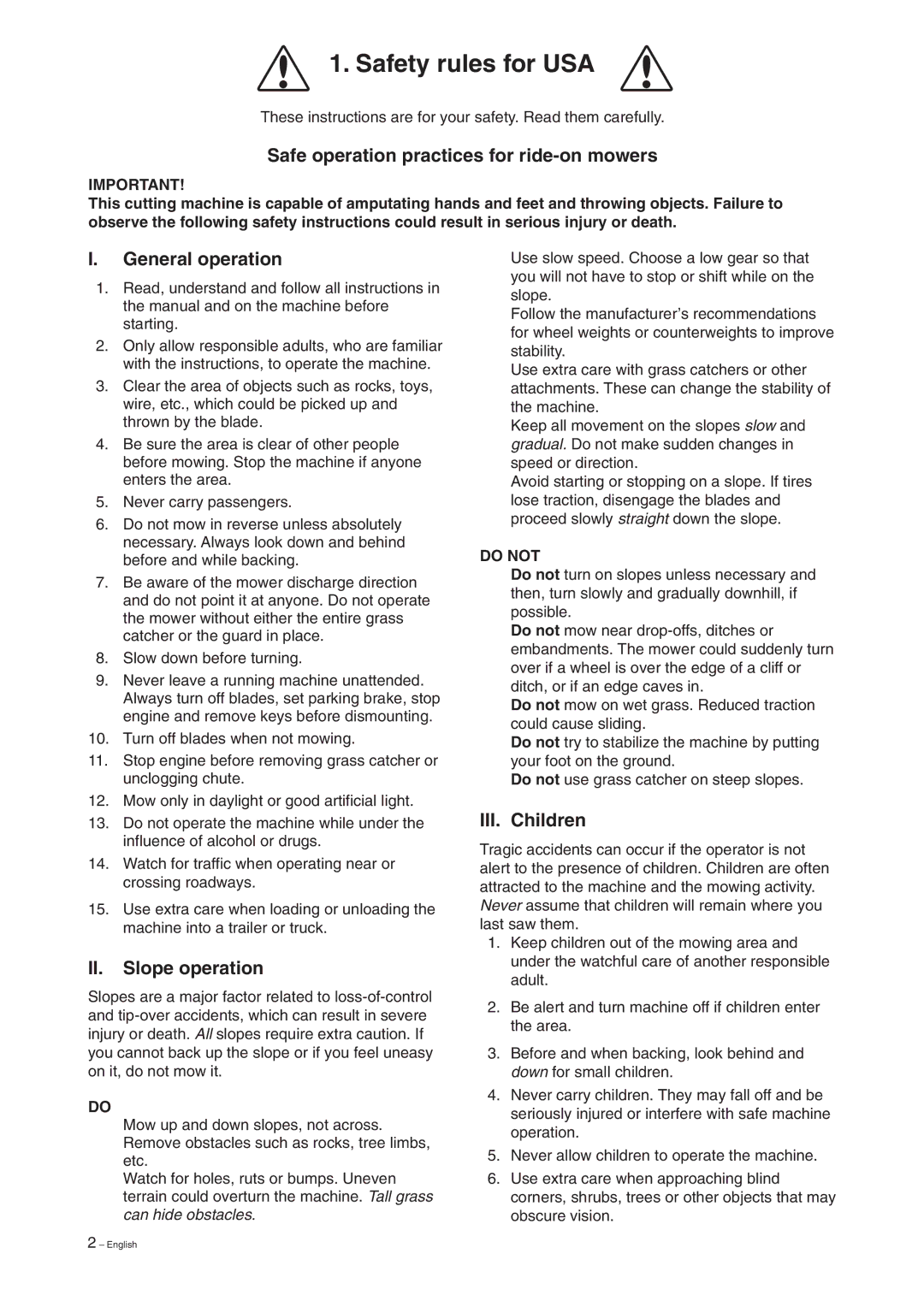 Husqvarna Rider 155 Safe operation practices for ride-on mowers, General operation, II. Slope operation, III. Children 