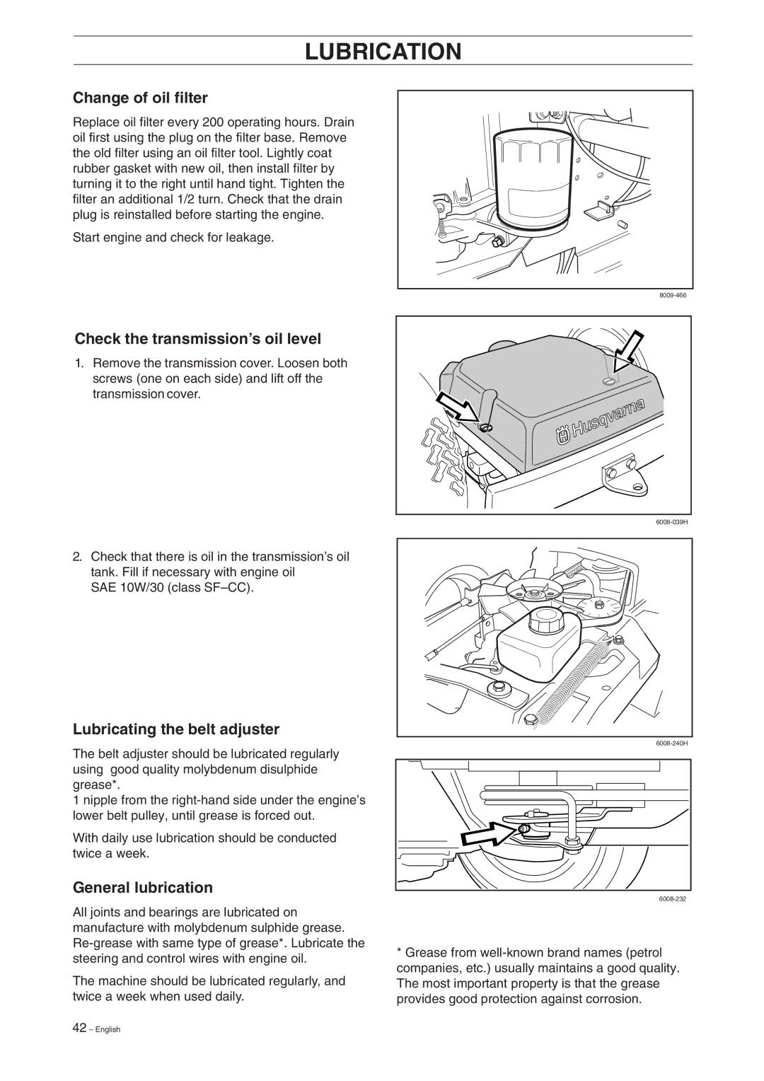 Husqvarna Rider 155 manual Change of oil filter, Check the transmission’s oil level, Lubricating the belt adjuster 