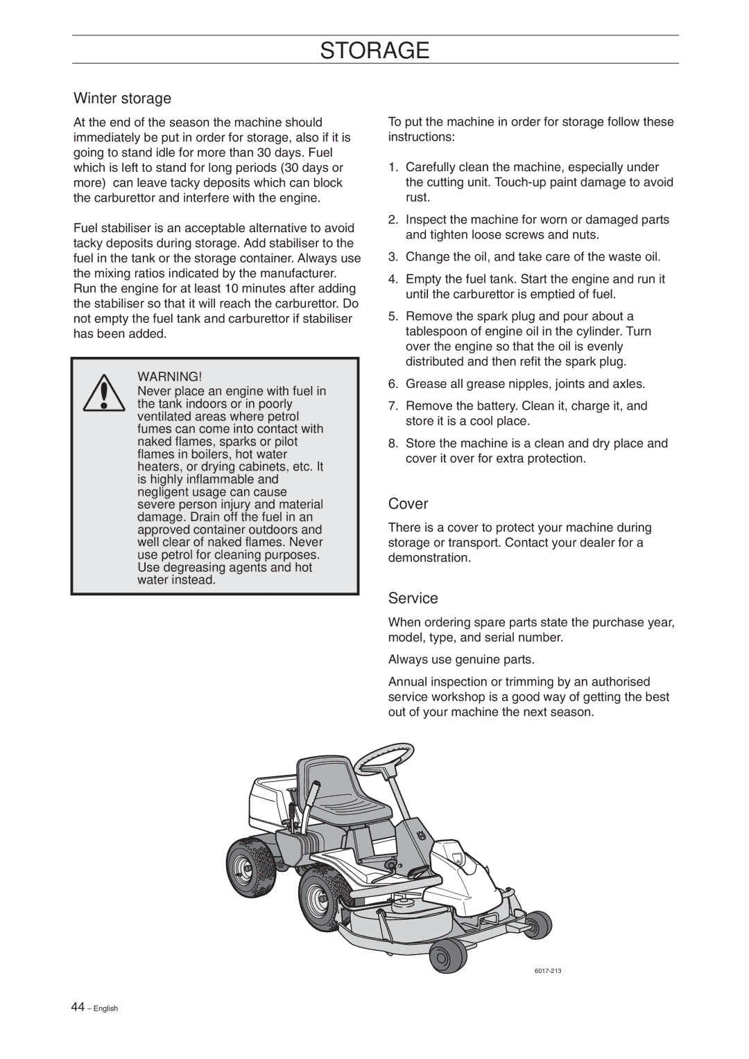 Husqvarna Rider 155 manual Storage, Winter storage, Cover, Service 