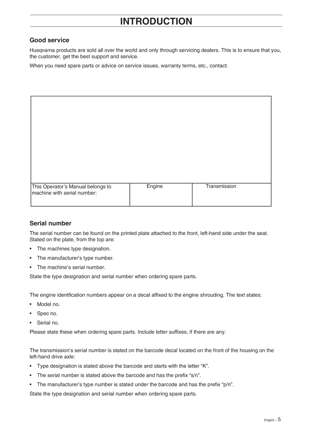 Husqvarna Rider 155 manual Good service, Serial number 