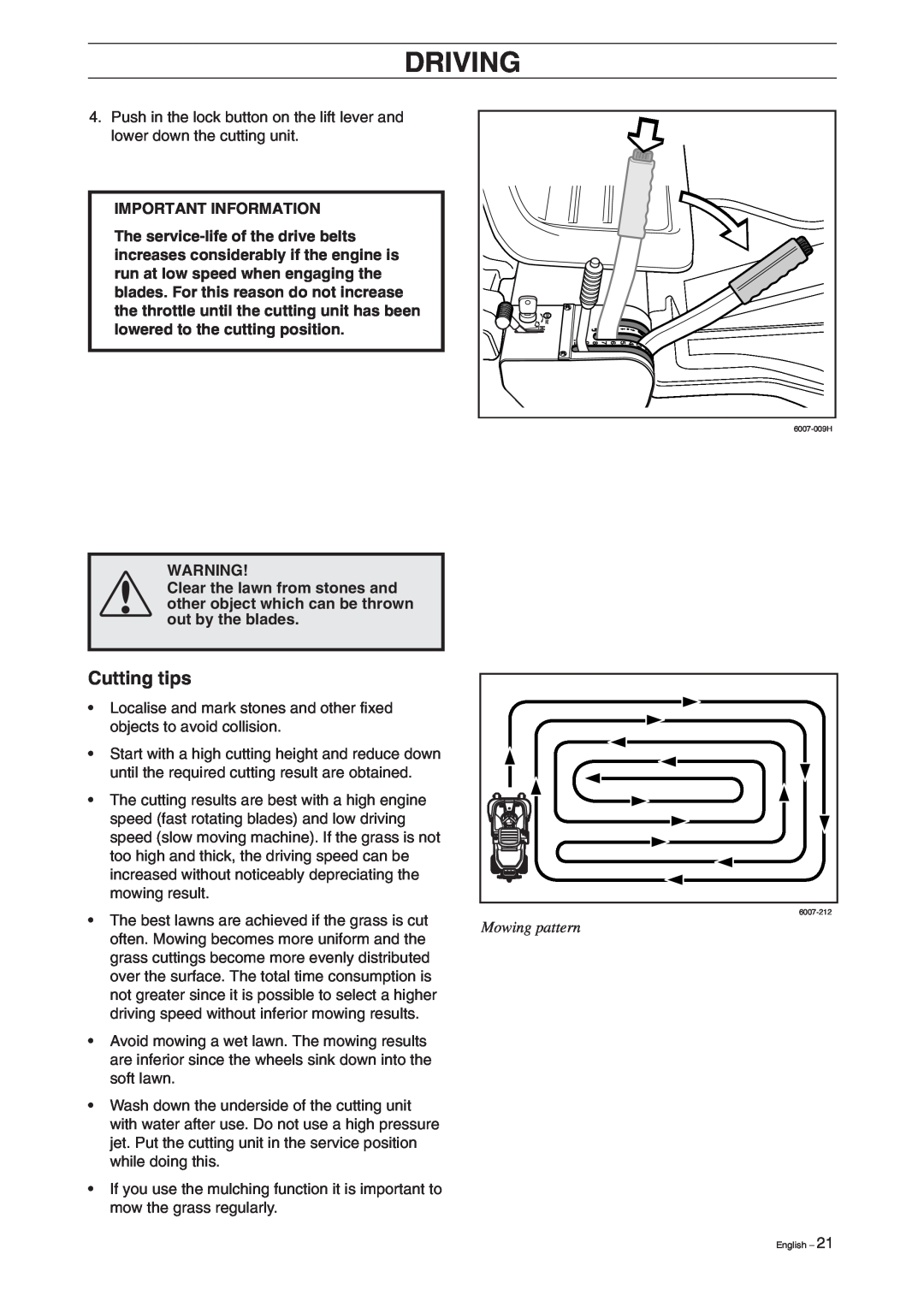Husqvarna Rider 155 manual Cutting tips, Mowing pattern, Driving, Important Information 
