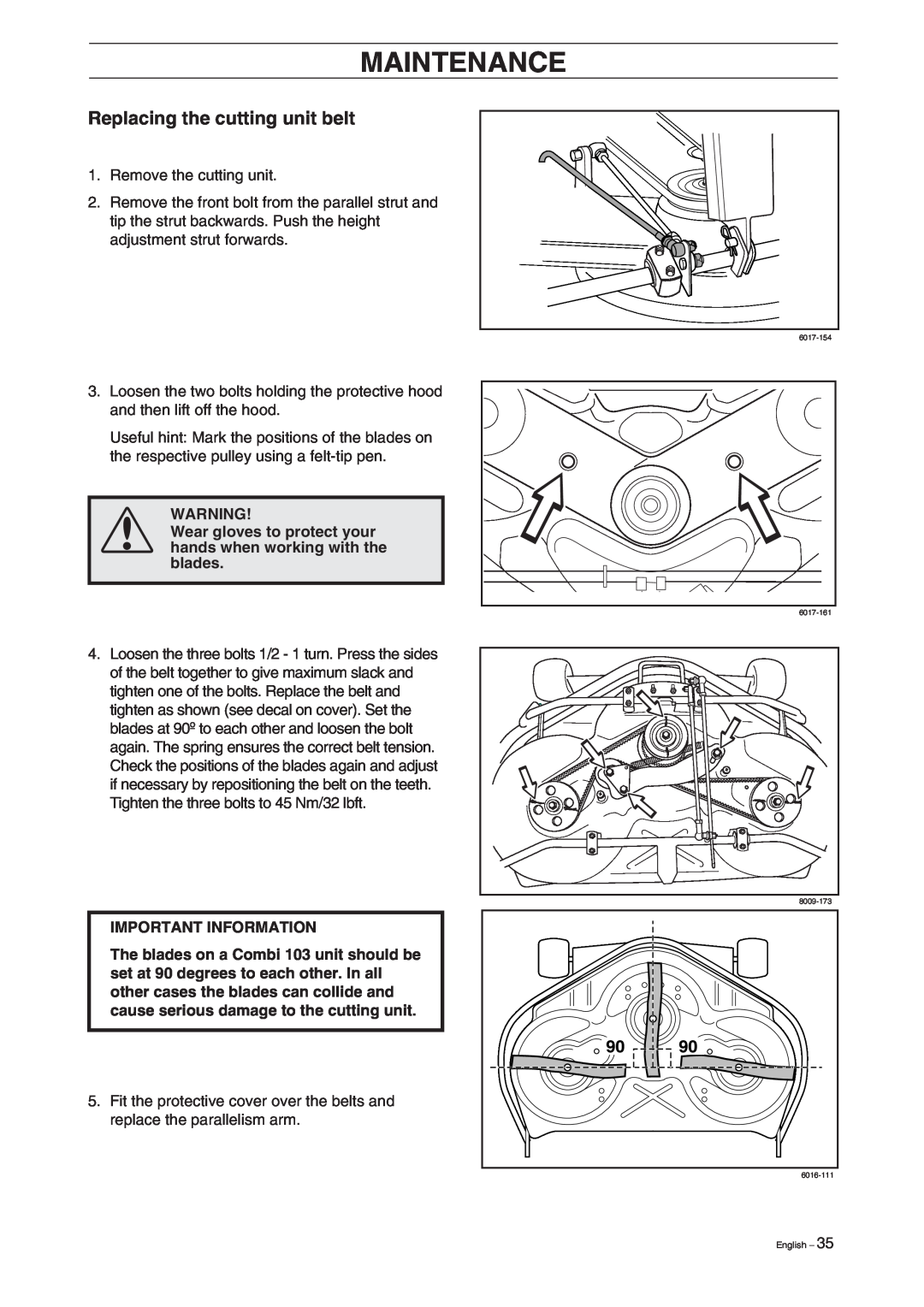 Husqvarna Rider 155 manual Replacing the cutting unit belt, Maintenance, Important Information 