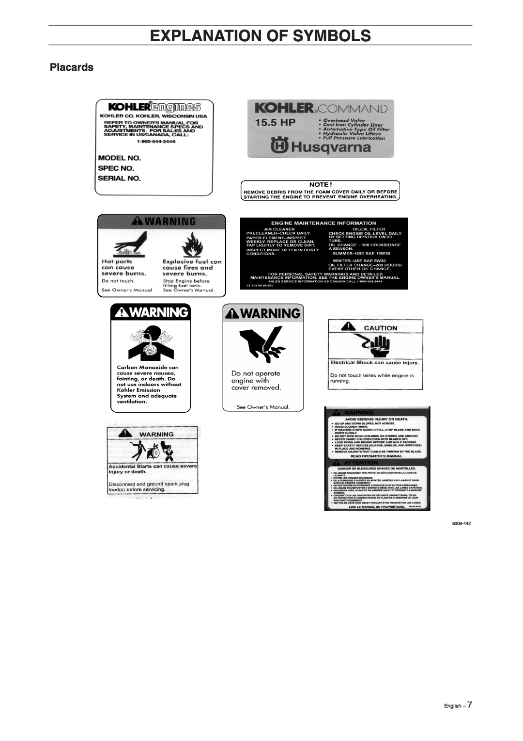 Husqvarna Rider 155 manual Placards, Explanation Of Symbols, English, 8009-442 