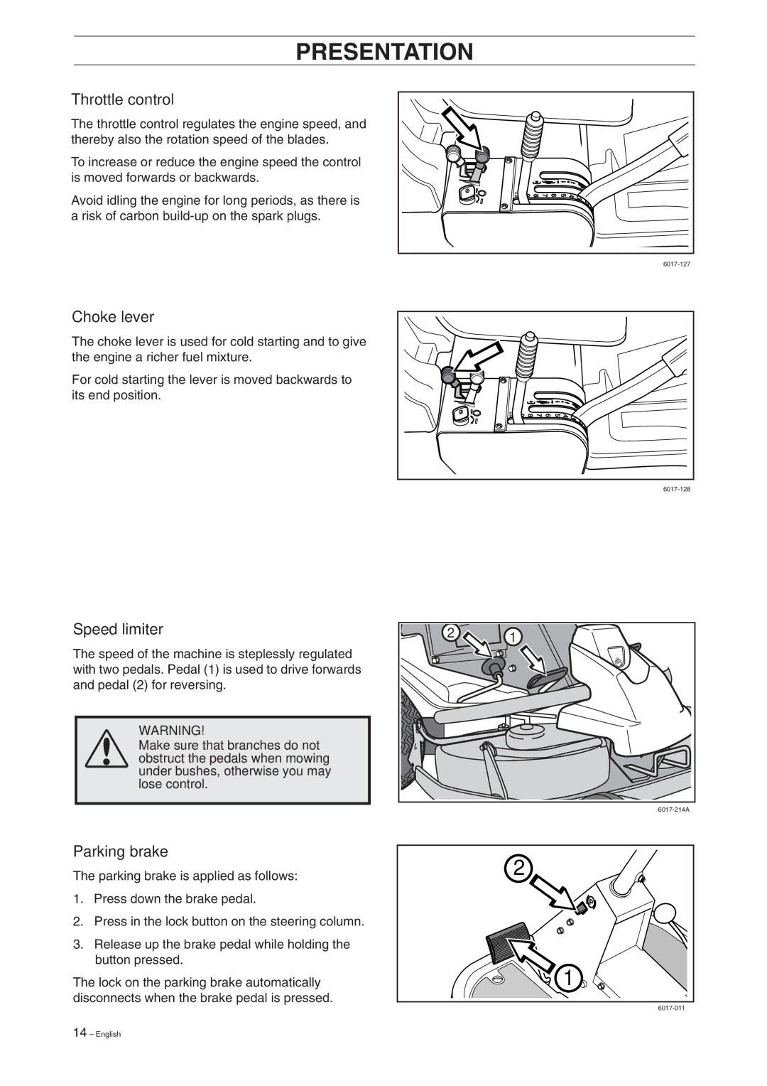 Husqvarna Rider 15V2 manual Throttle control, Choke lever, Speed limiter, Parking brake 