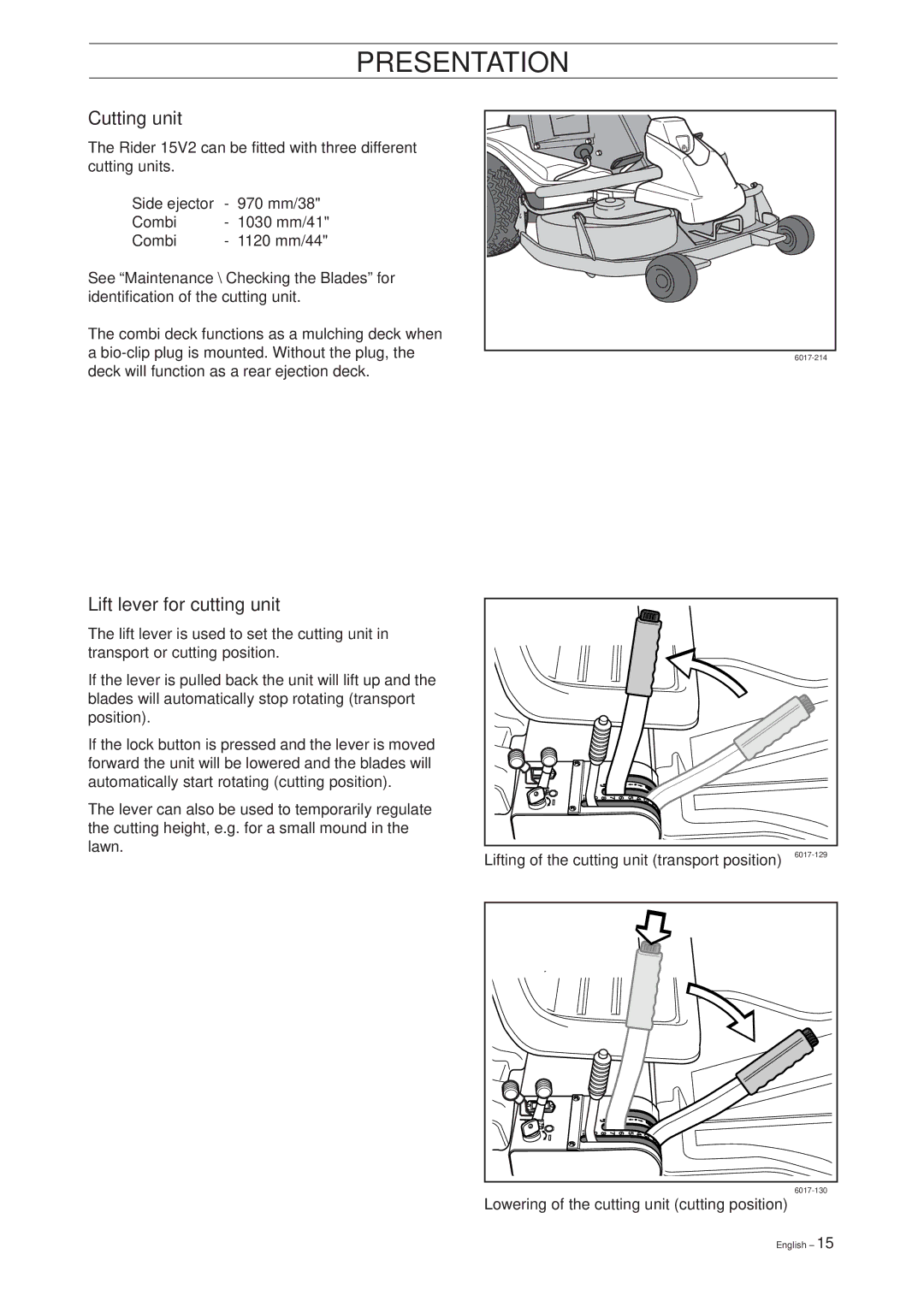 Husqvarna Rider 15V2 manual Cutting unit, Lift lever for cutting unit 